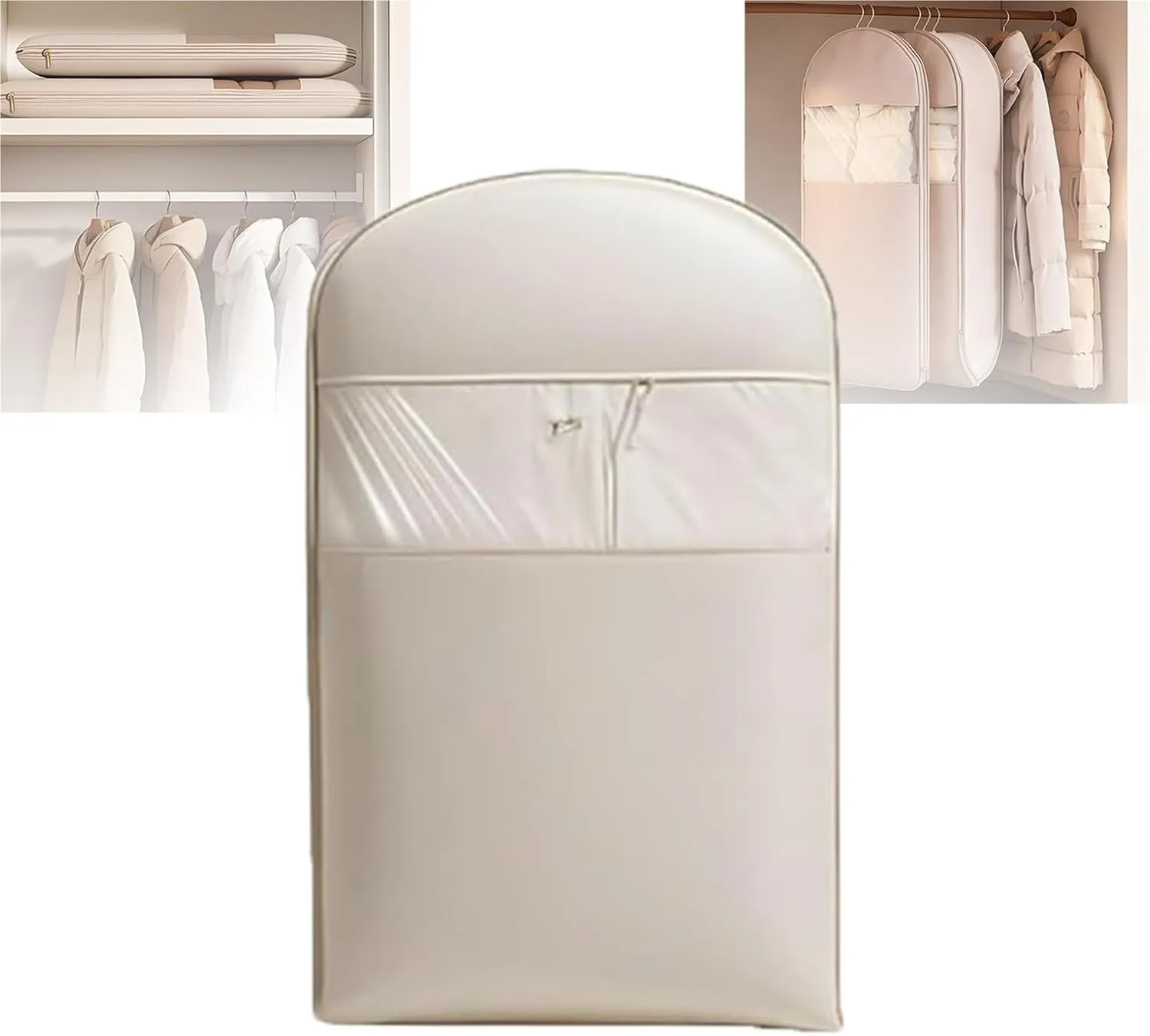 Space Saving Hanging Garment Bag with Self Compression Zipper, Dust Cover Clothes Bags for Down Coat, 2025 New Space Saving Hanging Protector, Protects Clothes From Wrinkles (Beige Extra Large)