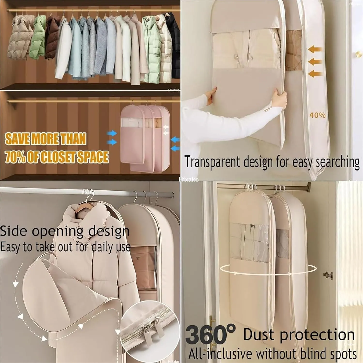 Space Saving Hanging Garment Bag with Self Compression Zipper, Dust Cover Clothes Bags for Down Coat, 2025 New Space Saving Hanging Protector, Protects Clothes From Wrinkles (Beige Extra Large)