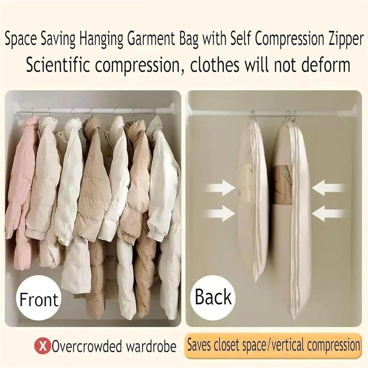 Space Saving Hanging Garment Bag with Self Compression Zipper, Dust Cover Clothes Bags for Down Coat, 2025 New Space Saving Hanging Protector, Protects Clothes From Wrinkles (Beige Extra Large)