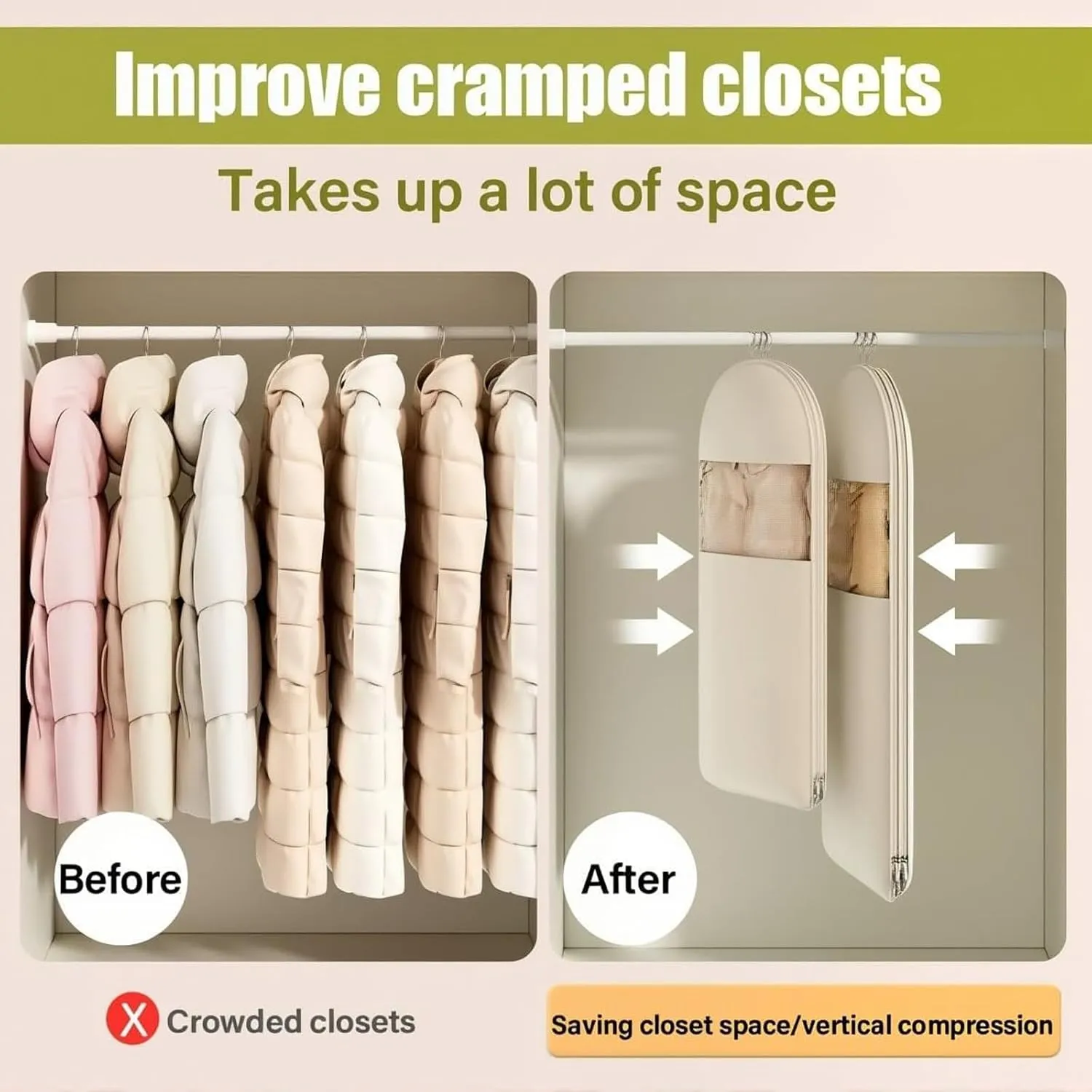 Space Saving Hanging Garment Bag With Self Compression Zipper, Dust Cover Clothes Bags For Down Coat, Hanging Luggage Garment Bag, For Coats, Down Jackets, Suits, Skirts, Neatly Hanging (pink,M)