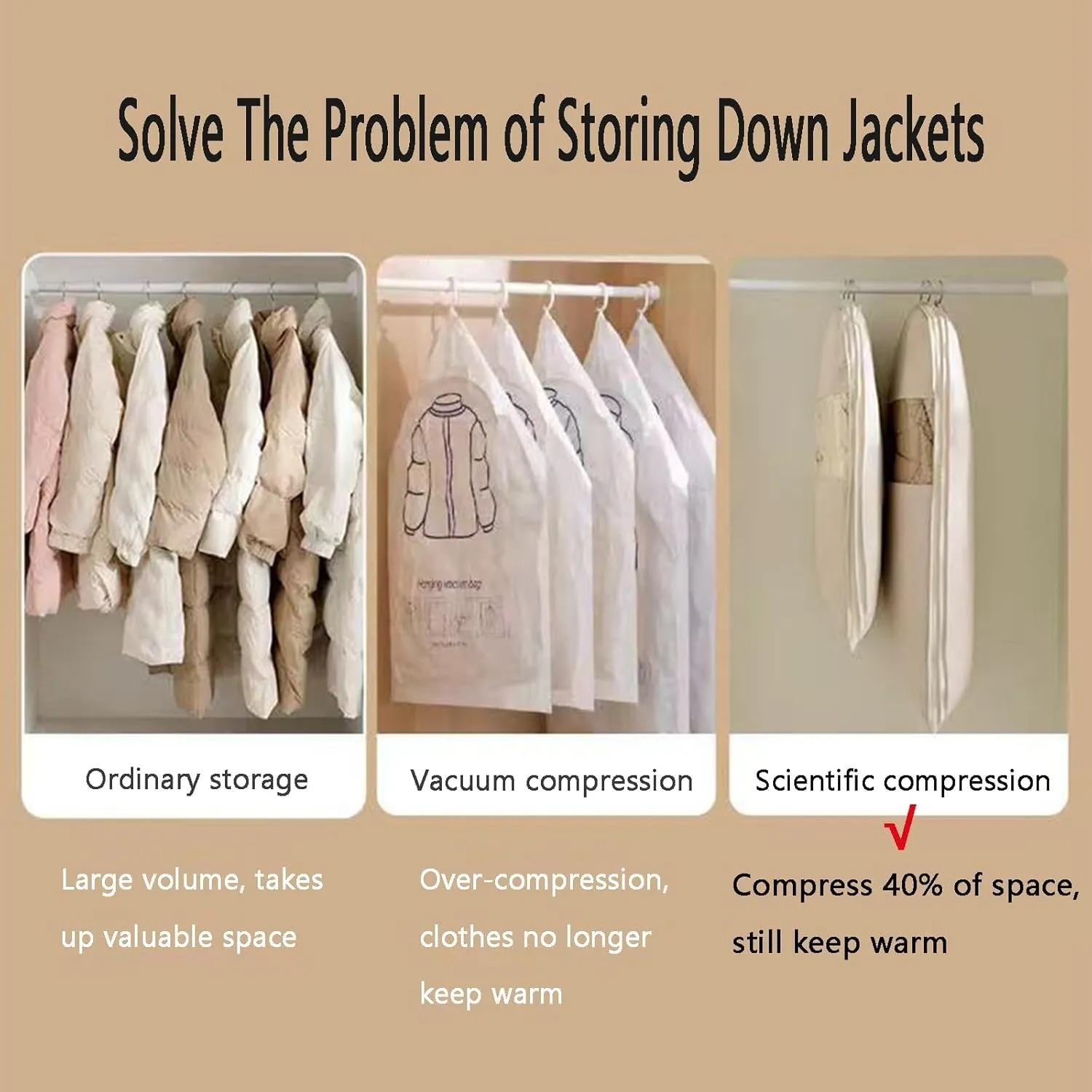 Space Saving Hanging Garment Bag with Self Compression Zipper, Dust Cover Clothes Bags for Down Coat, Protects Your Clothes From Wrinkles, Dust, (Beige, L)