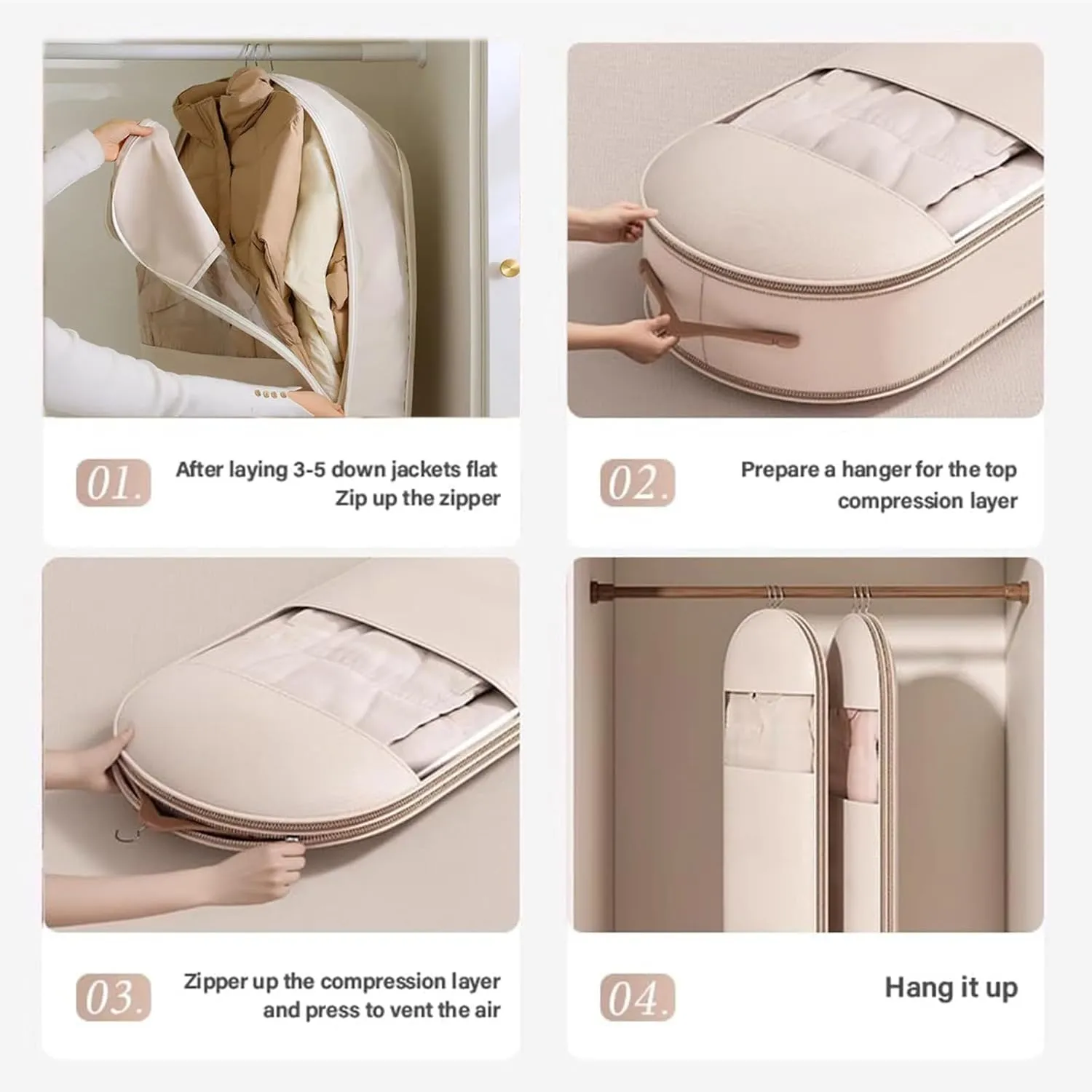 Space Saving Hanging Garment Bag with Self Compression Zipper, Dust Cover Clothes Bags for Down Coat, Protects Your Clothes From Wrinkles, Dust, (Beige, L)