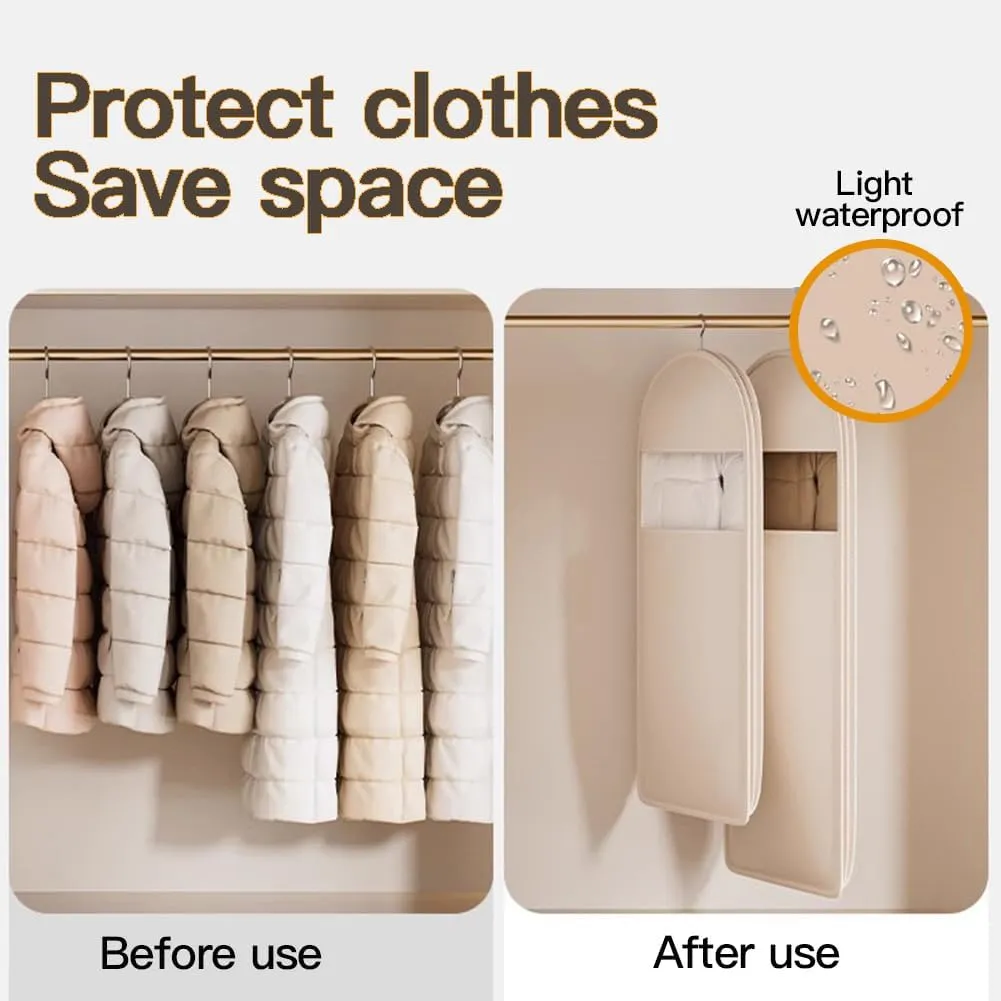 Space Saving Hanging Garment Bag with Self Compression Zipper, Dust Cover Clothes Bags for Down Coat, Protects Your Clothes From Wrinkles, Dust, (Beige, L)