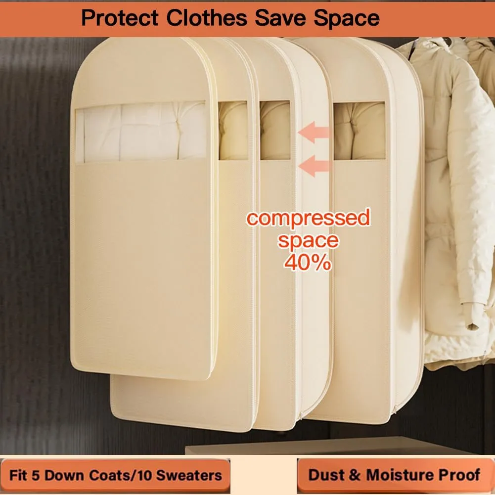 Space Saving Hanging Garment Bag with Self Compression Zipper, Dust Cover Clothes Bags for Down Coat, Protects Your Clothes From Wrinkles, Dust, (Beige, L)