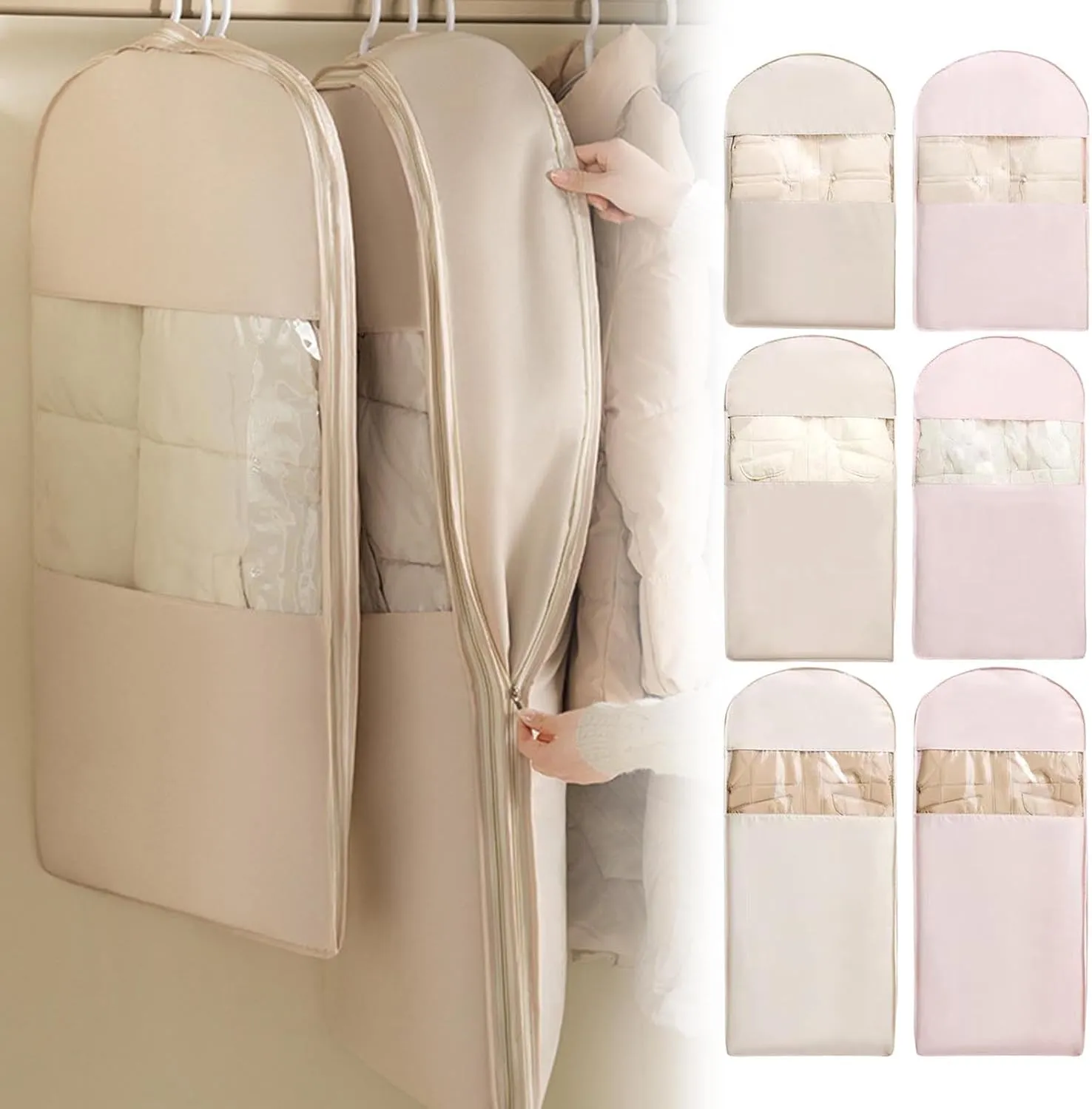 Space Saving Hanging Garment Bag with Self Compression Zipper, Dust Cover Clothes Bags for Down Coat,Space Saver Closet Organizers, for Closet Storage (Beige, L)