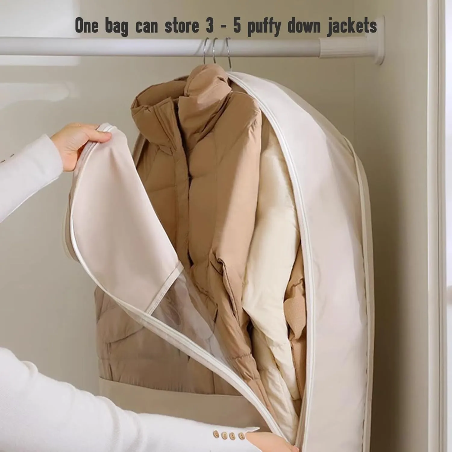 Space Saving Hanging Garment Bag with Self Compression Zipper, Dust Cover Clothes Bags for Down Coat,Space Saver Closet Organizers, for Closet Storage (Beige, L)