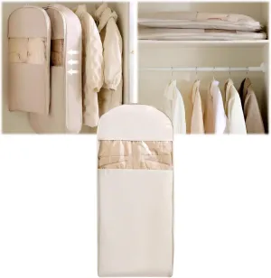 Space Saving Hanging Garment Bag with Self Compression Zipper, Dust Cover Clothes Bags for Down Coat,Space Saver Closet Organizers, for Closet Storage (Beige, L)
