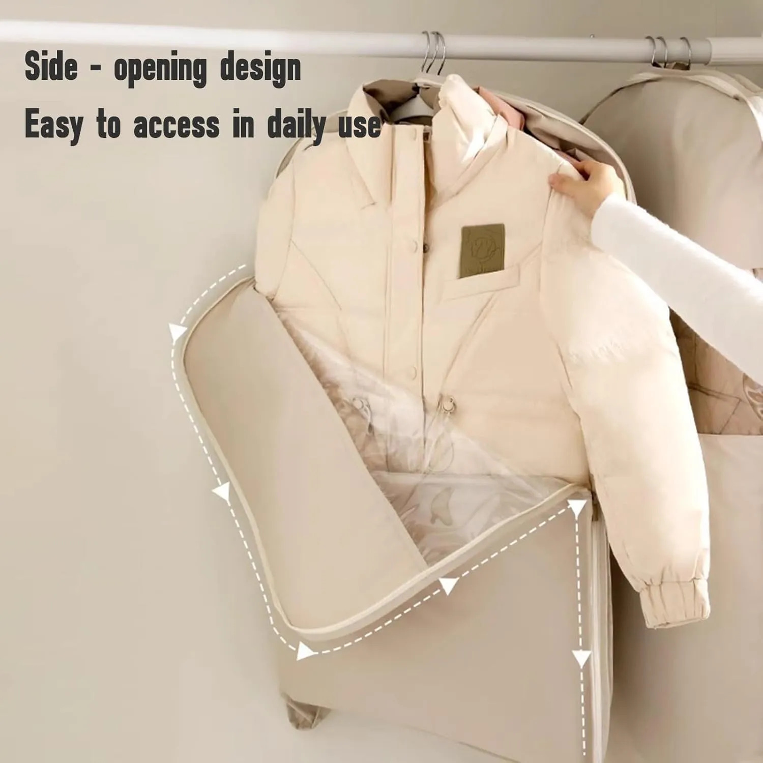 Space Saving Hanging Garment Bag with Self Compression Zipper, Dust Cover Clothes Bags for Down Coat,Space Saver Closet Organizers, for Closet Storage (Beige, L)