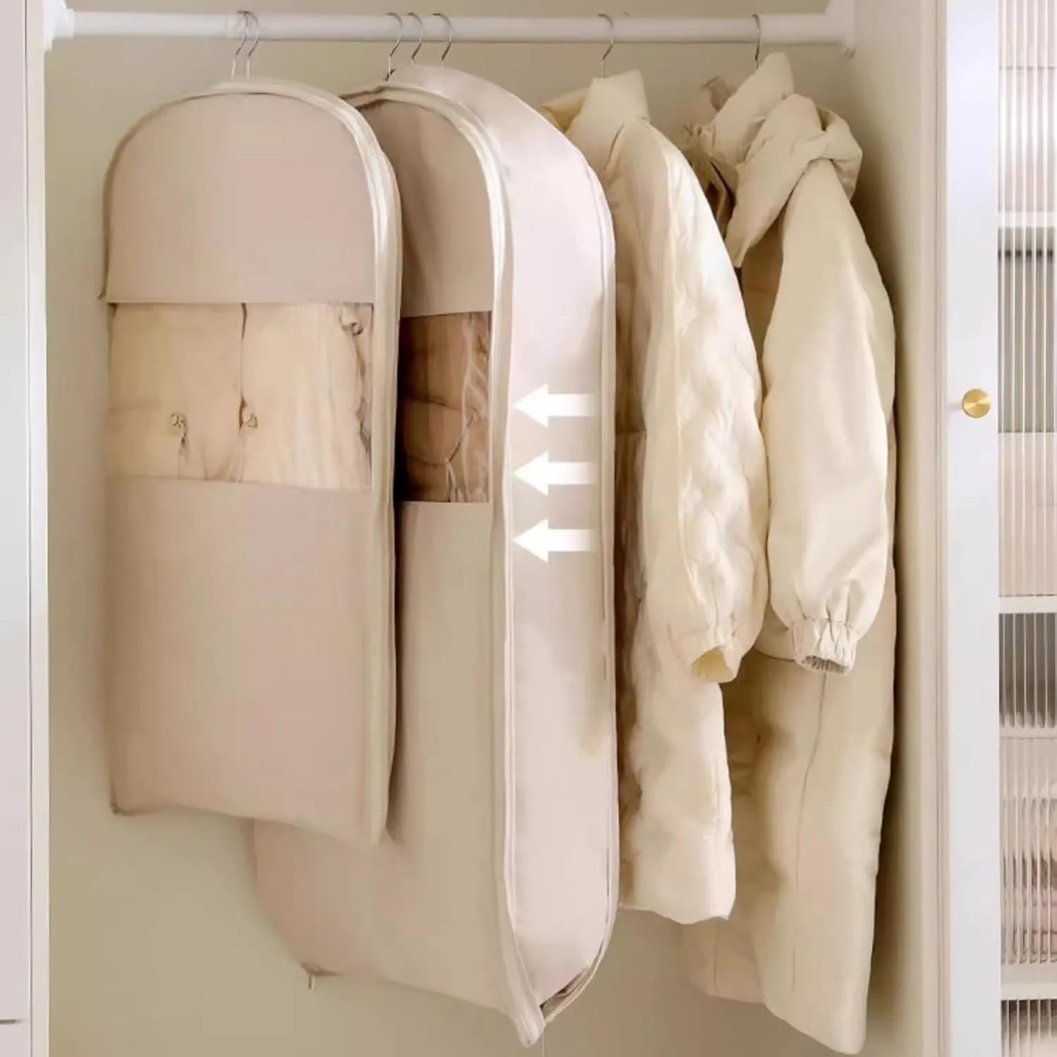 Space Saving Hanging Garment Bag with Self Compression Zipper, Dust Cover Clothes Bags for Down Coat,Space Saver Closet Organizers, for Closet Storage (Beige, L)