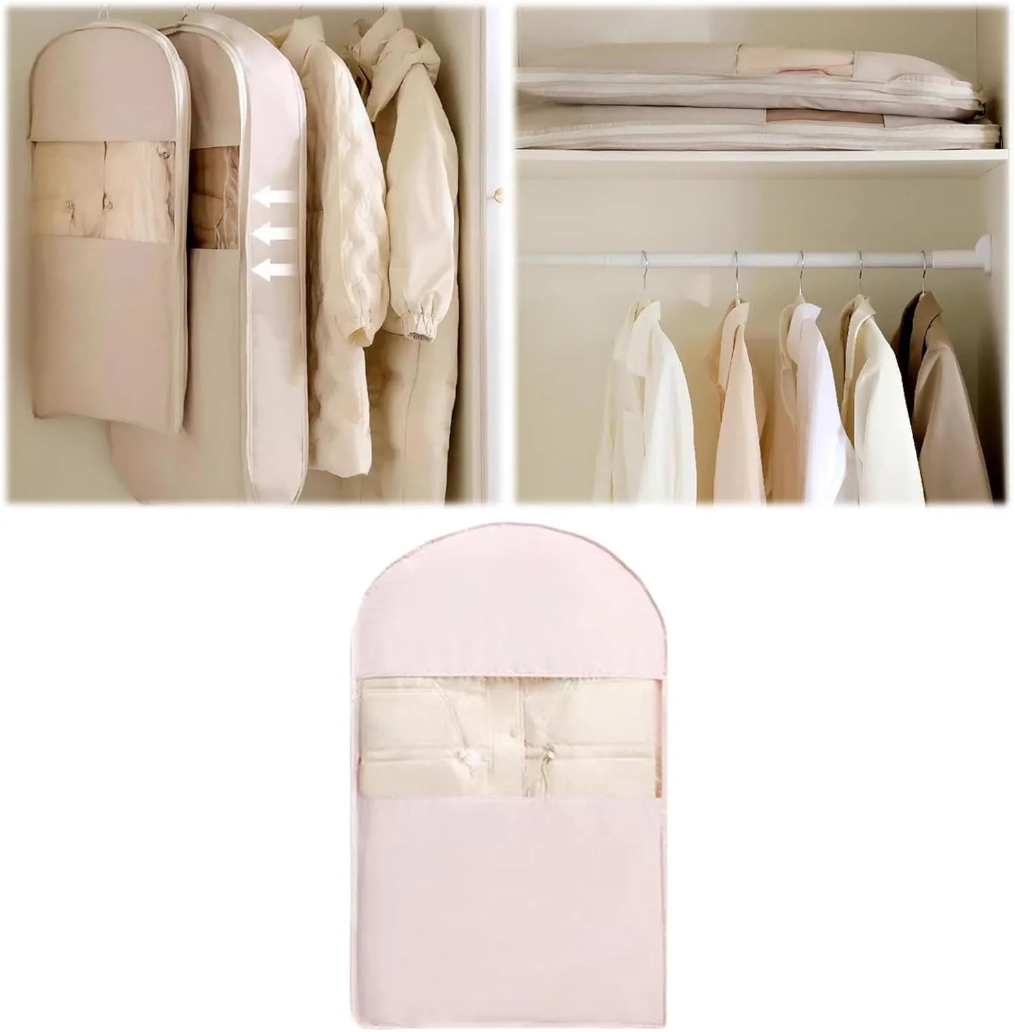 Space Saving Hanging Garment Bag with Self Compression Zipper, Dust Cover Clothes Bags for Down Coat,Space Saver Closet Organizers, for Closet Storage (Pink, S)