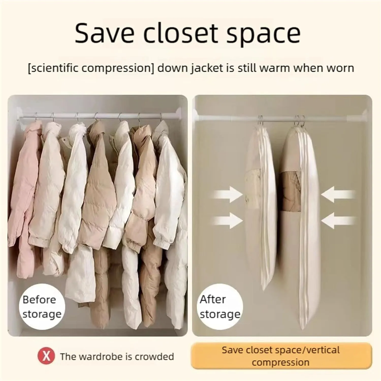 Space Saving Hanging Garment Bag with Self Compression Zipper, Dust Cover Clothes Bags for Down, Space Saver Dust Cover Closet Organizers for Closet Storage (Pink, Medium)