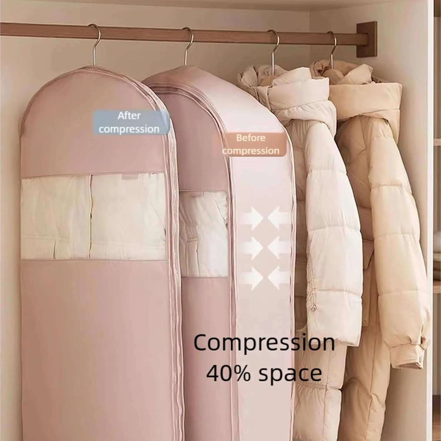 Space Saving Hanging Garment Bag with Self Compression Zipper, Dust Cover Clothes Bags for Down, Space Saver Dust Cover Closet Organizers for Closet Storage (Pink, Medium)