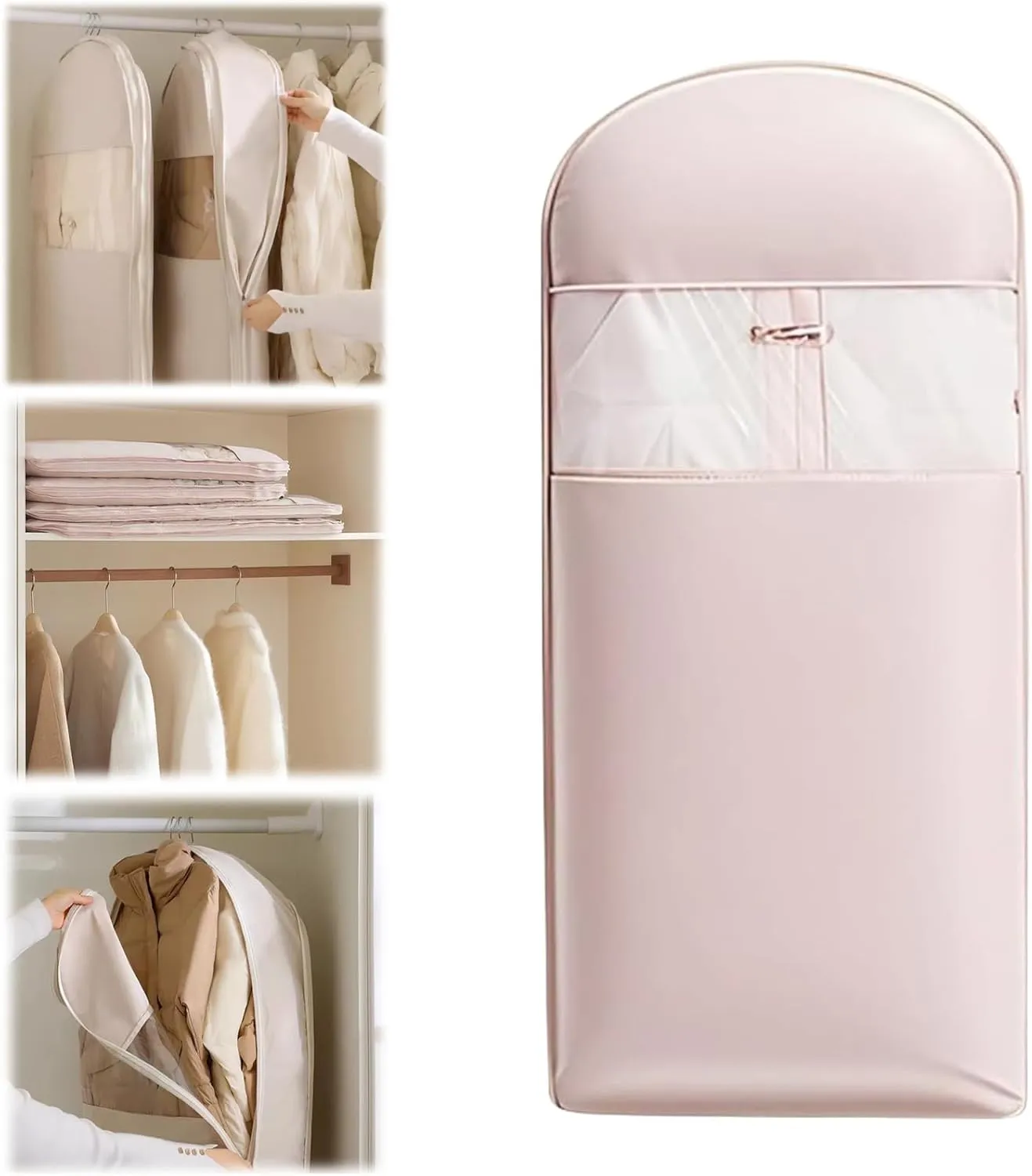 Space Saving Hanging Garment Bag with Self Compression Zipper, Dust Cover Clothes Bags for Down, Space Saver Dust Cover Closet Organizers for Closet Storage (Pink, Medium)