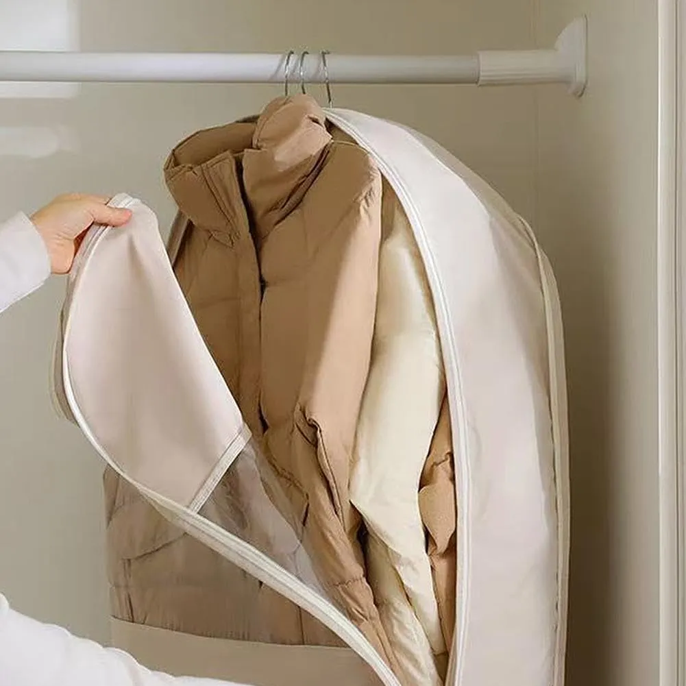 Space Saving Hanging Garment Bag with Self Compression Zipper, Dust Cover Clothes Bags Travel Organizer, 2025 New Space Saving Closet Organizers for Down Coats, Suit and Jackets (Beige M)
