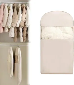 Space Saving Hanging Garment Bag with Self Compression Zipper, Dust Cover Clothes Bags Travel Organizer, 2025 New Space Saving Closet Organizers for Down Coats, Suit and Jackets (Beige M)