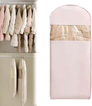 Space Saving Hanging Garment Bag with Self Compression Zipper, Dust Cover Clothes Bags Travel Organizer, 2025 New Space Saving Closet Organizers for Down Coats, Suit and Jackets (Pink L)