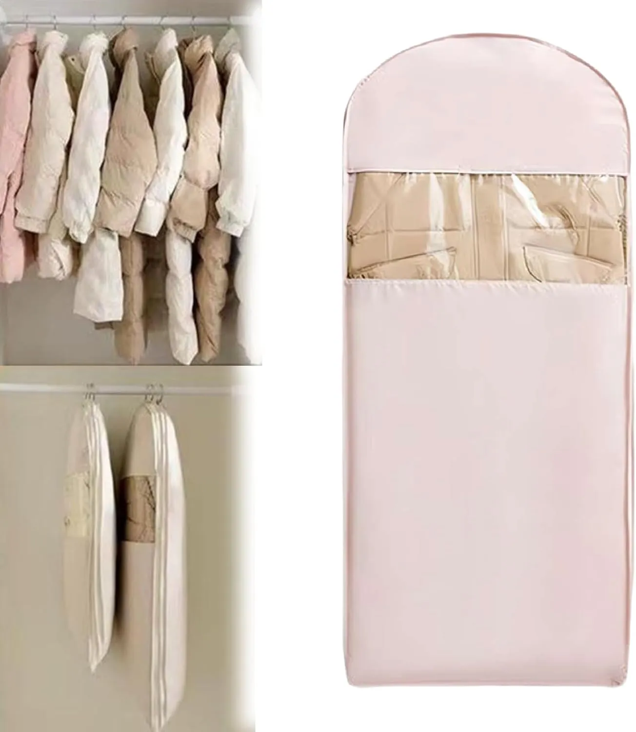 Space Saving Hanging Garment Bag with Self Compression Zipper, Dust Cover Clothes Bags Travel Organizer, 2025 New Space Saving Closet Organizers for Down Coats, Suit and Jackets (Pink L)