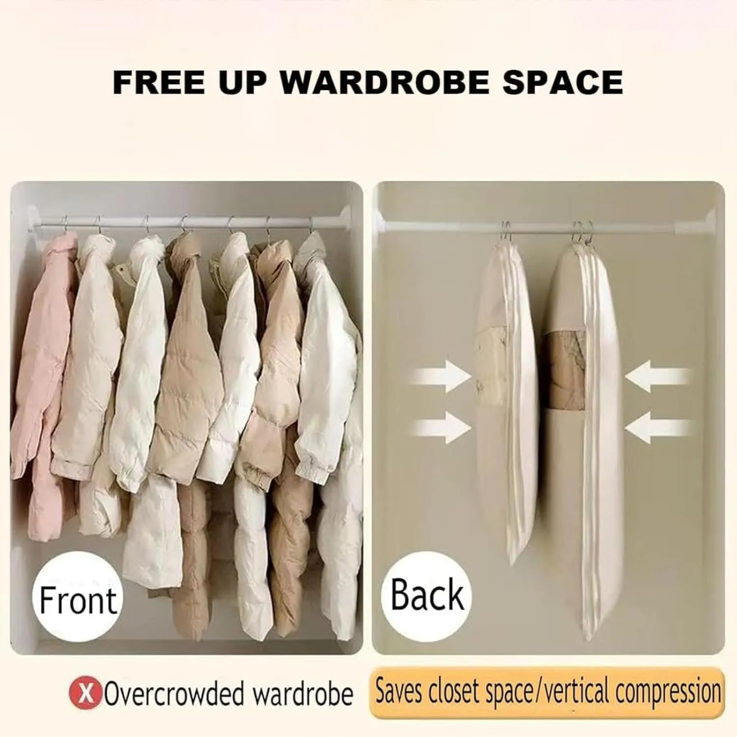Space Saving Hanging Garment Bag with Self Compression Zipper, Dustproof Clothes Cover,Closet Organizer for Down Jacket & Winter Coats (Oatmeal,Small)