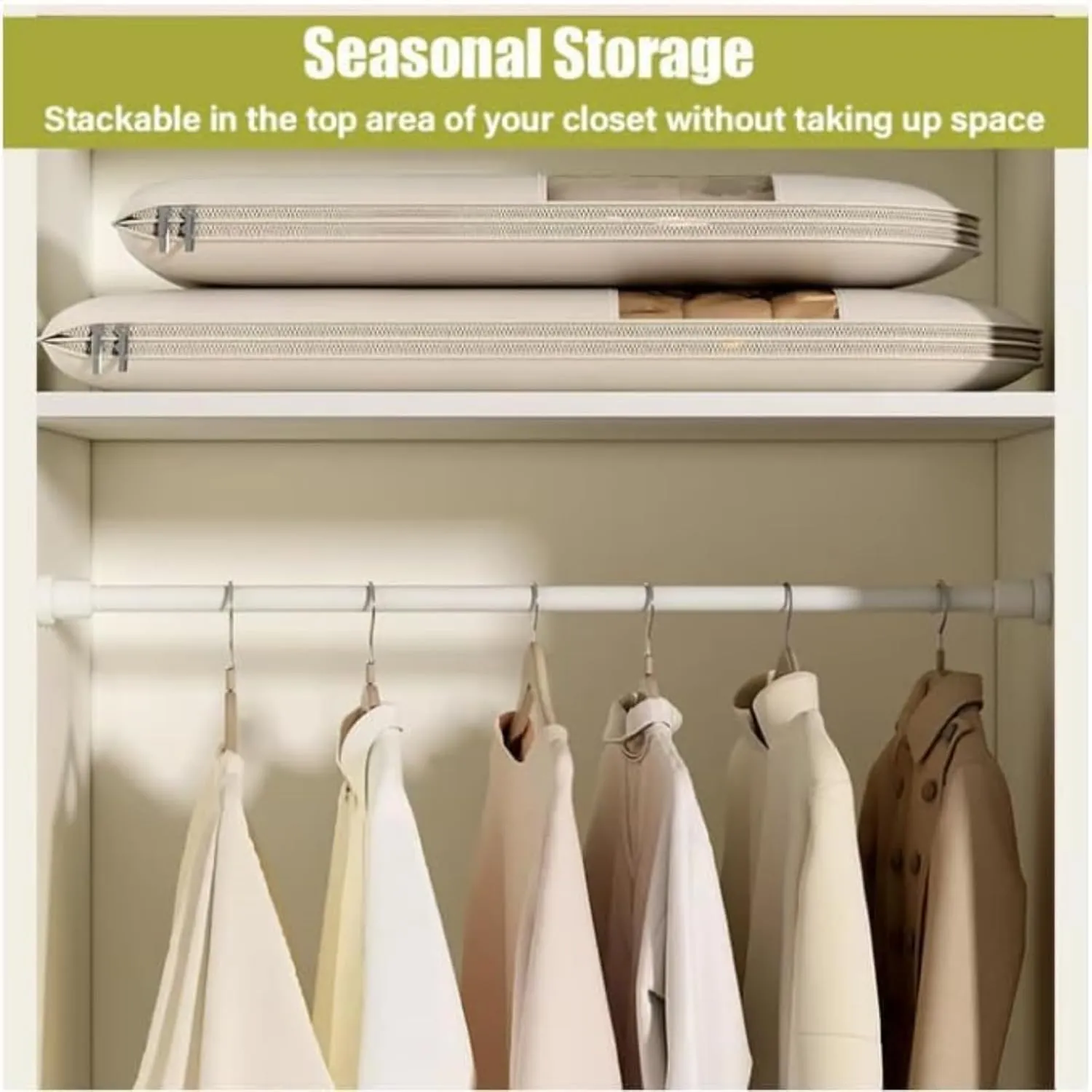 Space Saving Hanging Garment Bag with Self Compression Zipper, Dustproof Clothes Cover,Closet Organizer for Down Jacket & Winter Coats (Oatmeal,Small)