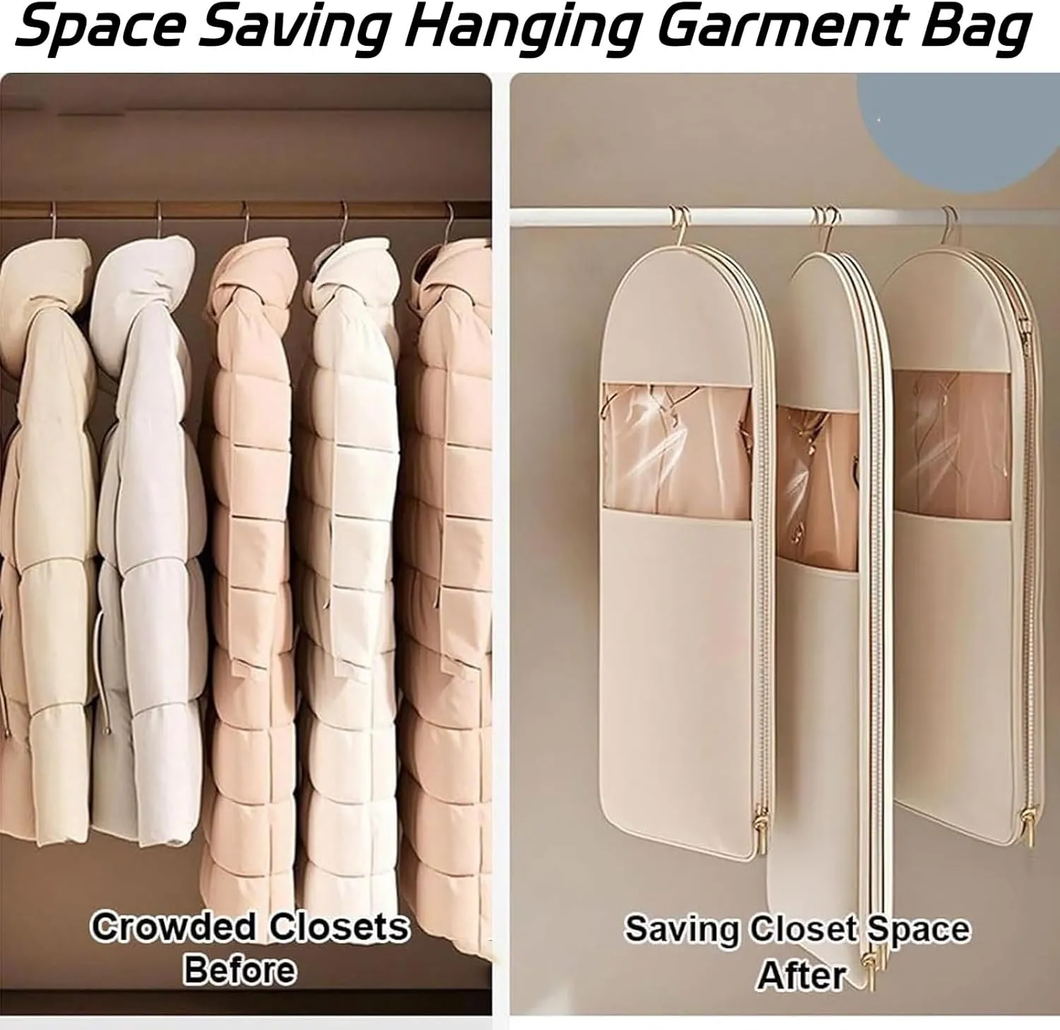 Space Saving Hanging Garment Bag with Self Compression Zipper, Extendable Dust Cover Hanging Garment Bag for Closet Storage, Travel Organizer for Down Coat Suit (Pink, 3PCS)