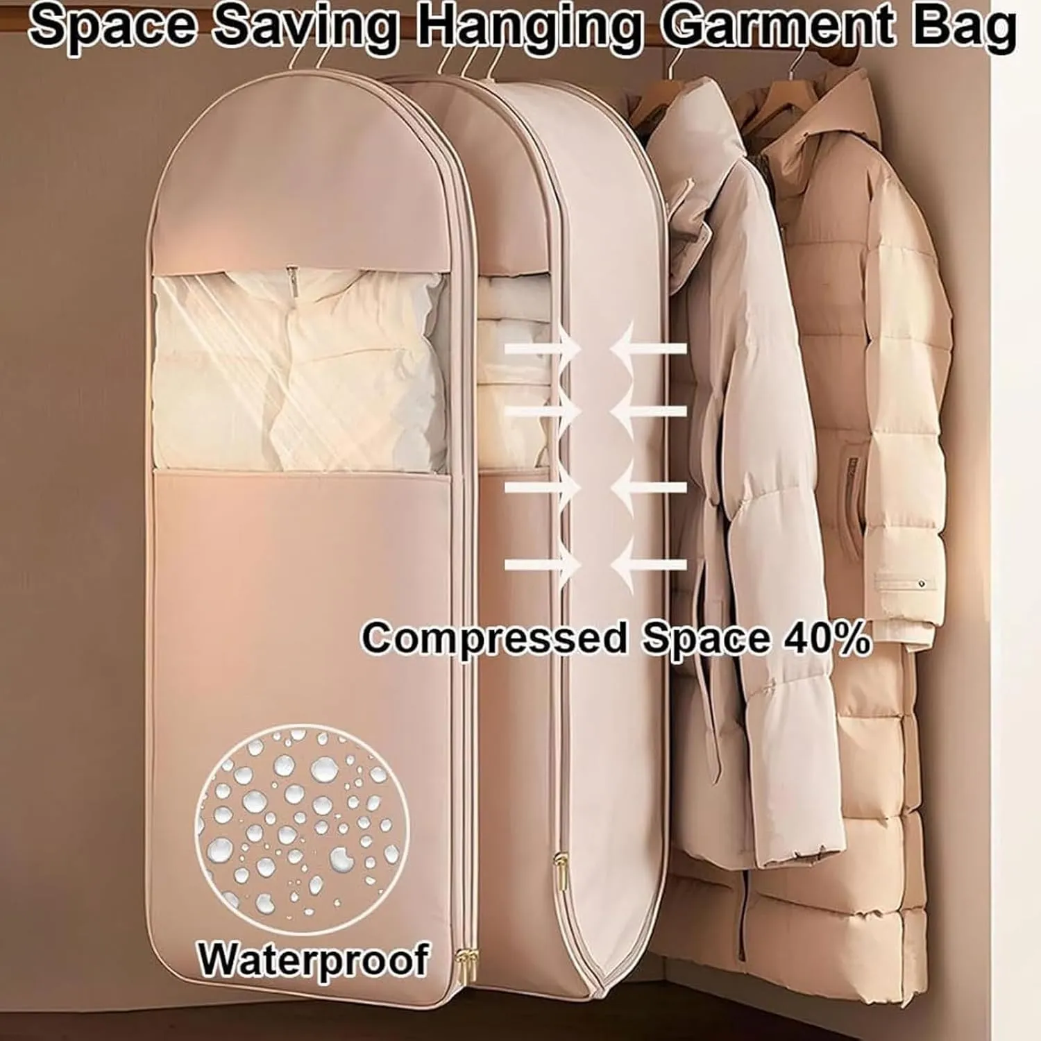 Space Saving Hanging Garment Bag with Self Compression Zipper, Extendable Dust Cover Hanging Garment Bag for Closet Storage, Travel Organizer for Down Coat Suit (Pink, 3PCS)