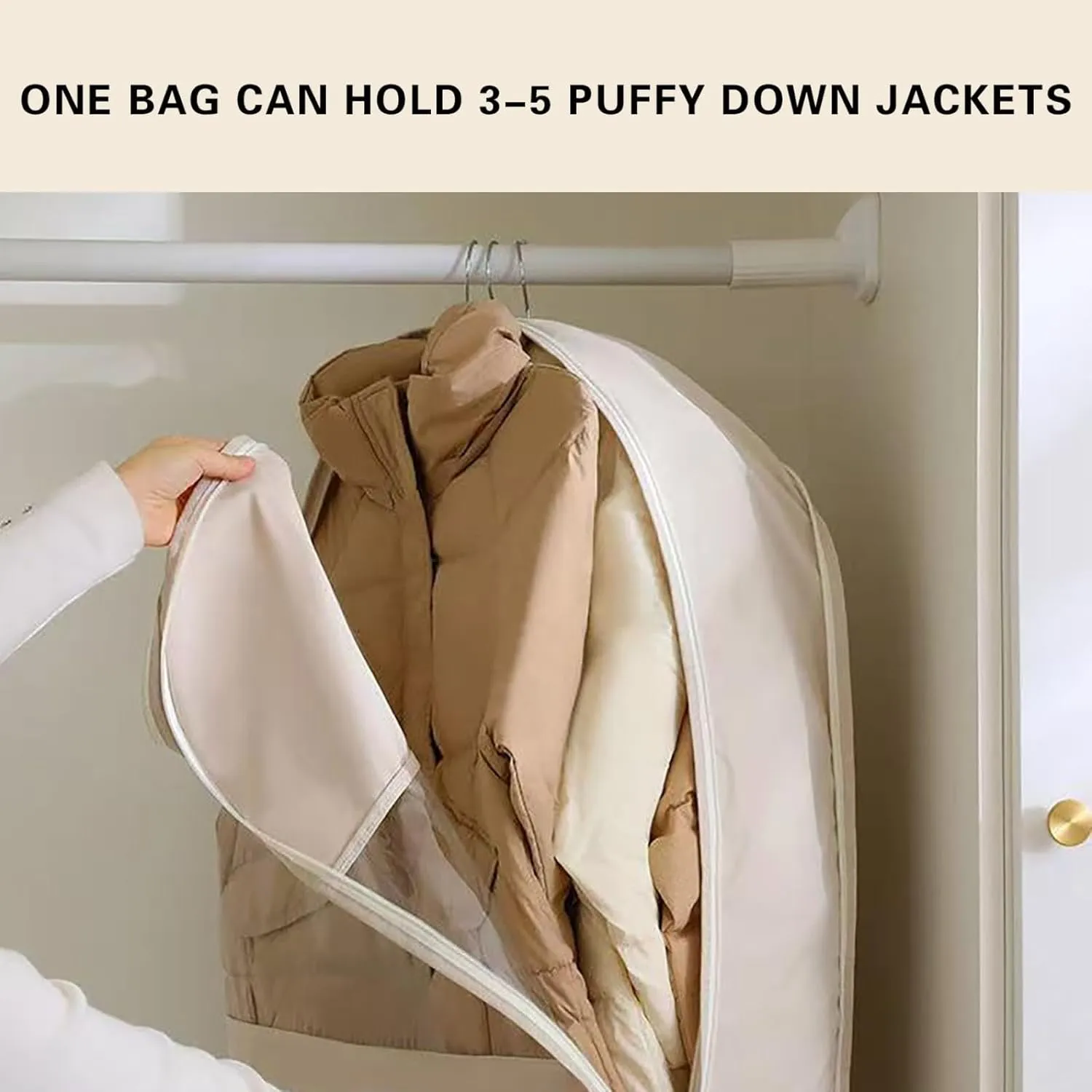 Space Saving Hanging Garment Bag with Self Compression Zipper, Garment Bags for Hanging Clothes, Space Saving Hanging Garment Bag, Down Coat Dust Cover Clothes Bags, Transparent Visibility (Beige, L)