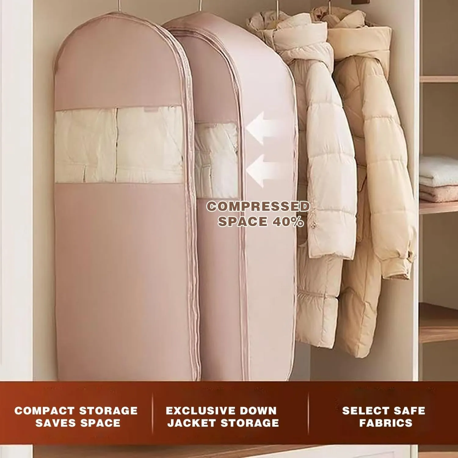 Space Saving Hanging Garment Bag with Self Compression Zipper, Garment Bags for Hanging Clothes, Space Saving Hanging Garment Bag, Down Coat Dust Cover Clothes Bags, Transparent Visibility (Beige, L)