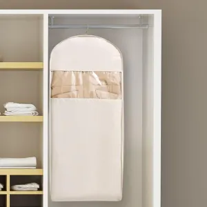 Space Saving Hanging Garment Bag with Self Compression Zipper, Garment Bags for Hanging Clothes, Space Saving Hanging Garment Bag, Down Coat Dust Cover Clothes Bags, Transparent Visibility (Beige, L)