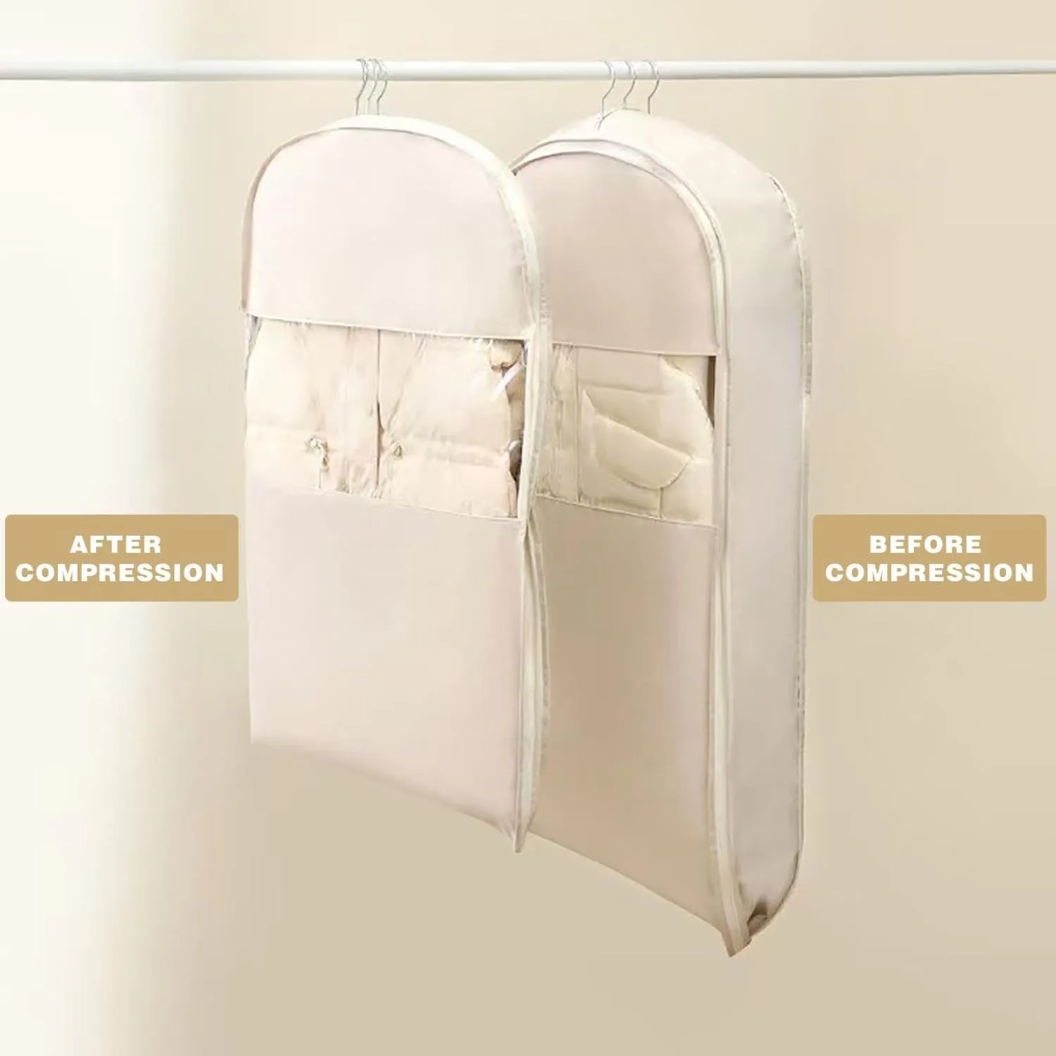 Space Saving Hanging Garment Bag with Self Compression Zipper, Garment Bags for Hanging Clothes, Space Saving Hanging Garment Bag, Down Coat Dust Cover Clothes Bags, Transparent Visibility (Beige, L)