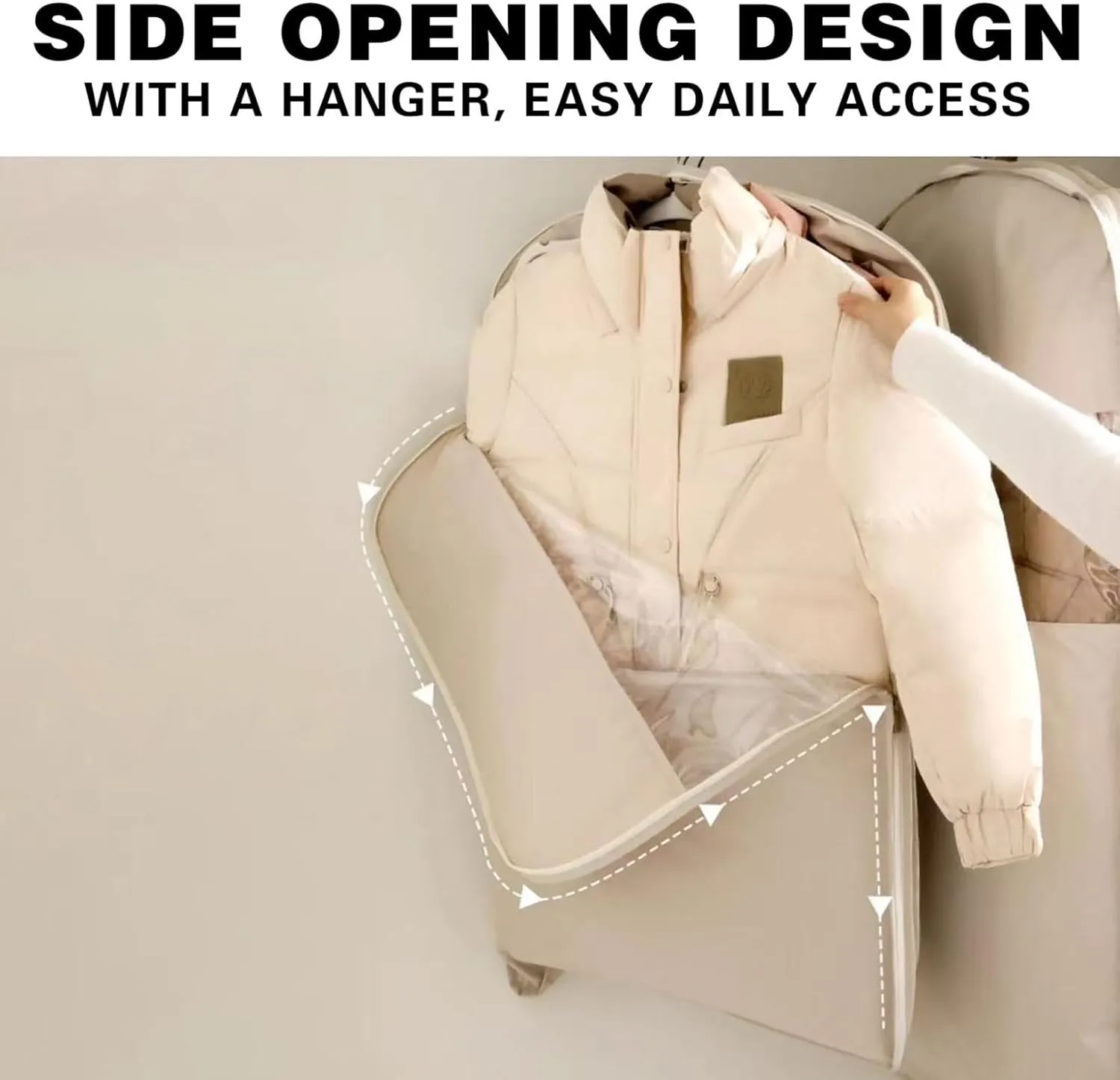 Space Saving Hanging Garment Bag with Self Compression Zipper, Garment Bags for Hanging Clothes, Space Saving Hanging Garment Bag, Down Coat Dust Cover Clothes Bags, Transparent Visibility (Beige, L)