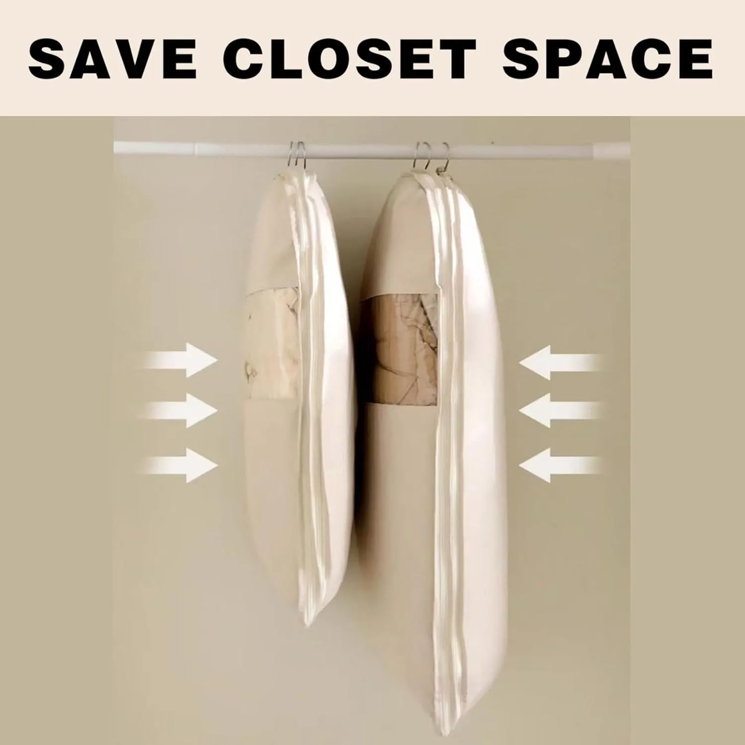 Space Saving Hanging Garment Bag with Self Compression Zipper, Garment Bags for Hanging Clothes, Space Saving Hanging Garment Bag, Down Coat Dust Cover Clothes Bags, Transparent Visibility (Beige, L)
