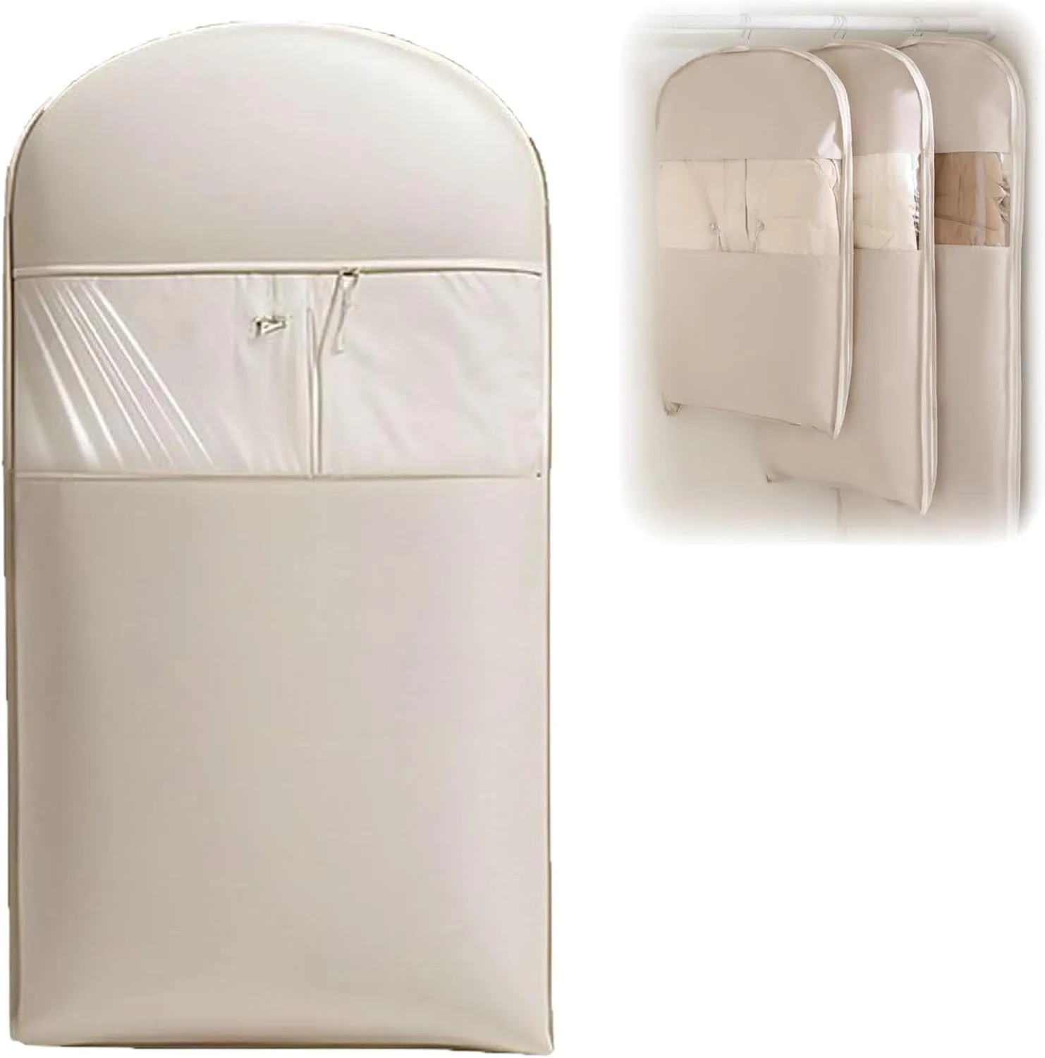 Space Saving Hanging Garment Bag with Self Compression Zipper, Garment Bags for Hanging Clothes Travel, Dust Cover Clothes Bags for down Coat (Beige, S)