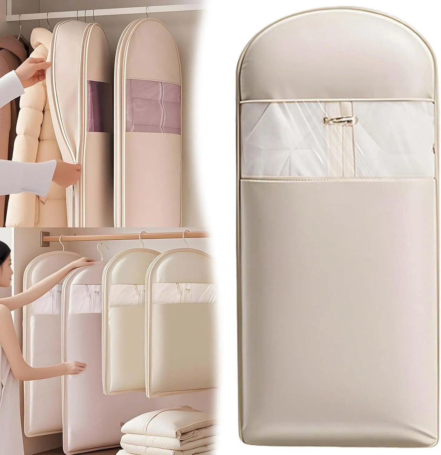 Space Saving Hanging Garment Bag with Self Compression Zipper, Garment Bags For Travel - Space Saver Closet Organizers, Dust Cover Clothes Bags for Down Coat (Beige, XL)
