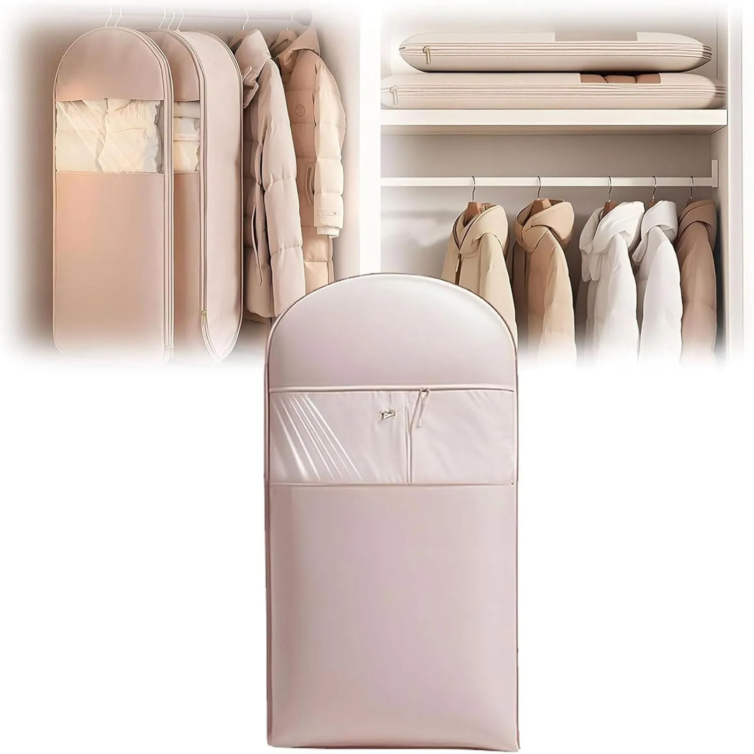 Space Saving Hanging Garment Bag with Self Compression Zipper Hanger Dust Cover Clothes Bags for down Coat Storage Hanging Clothes (PINK, M)