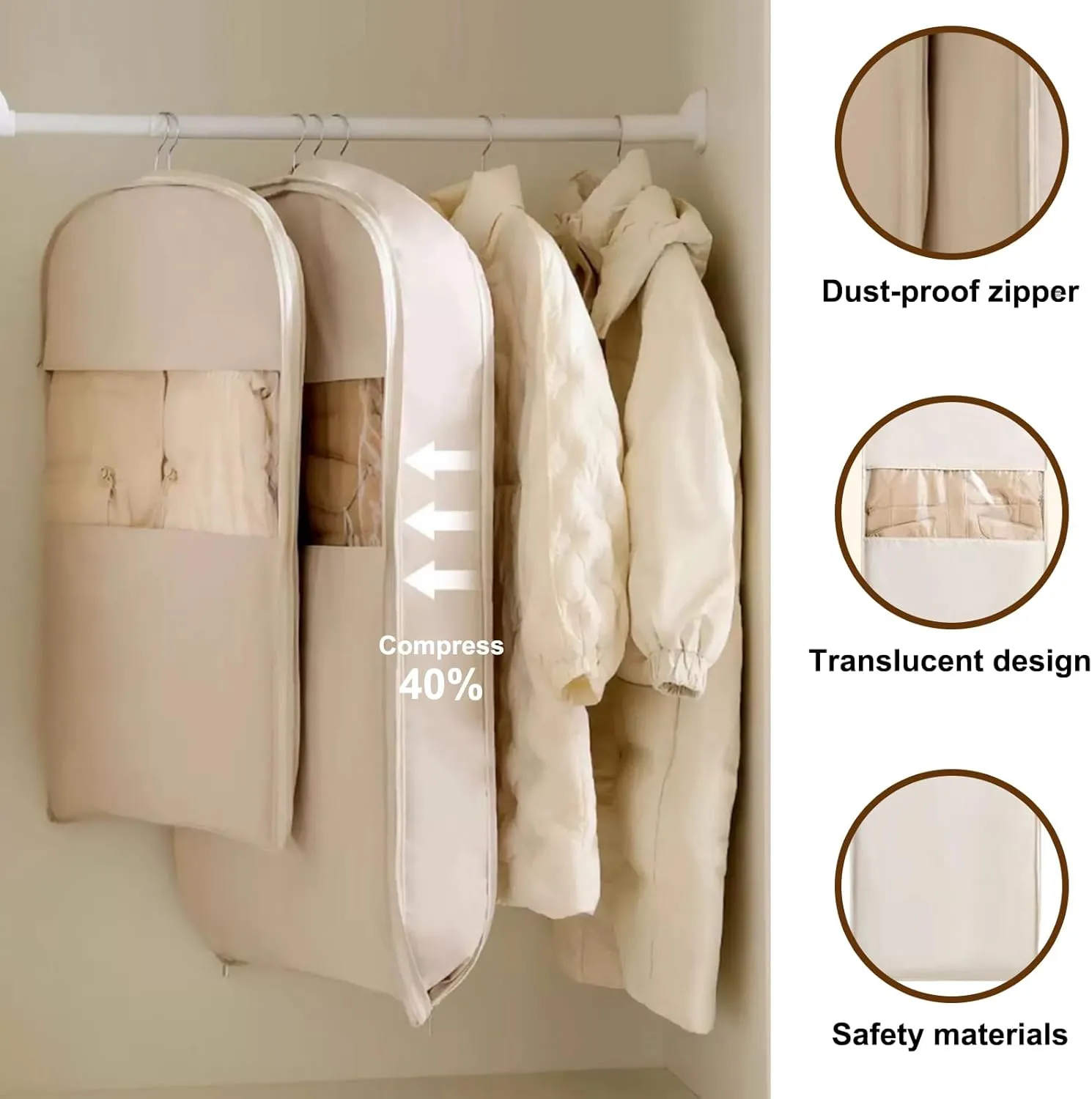 Space Saving Hanging Garment Bag with Self Compression Zipper, Heavy Duty Garment Bag for Down Coat, Space Saver Closet Organizers for Closet Storage (X-Large)
