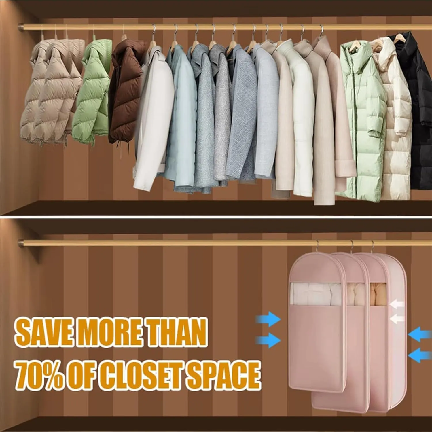 Space Saving Hanging Garment Bag with Self Compression Zipper, Heavy Duty Jackets & Parkas Storage, Space Saver Closet Organizers (Blue,M)