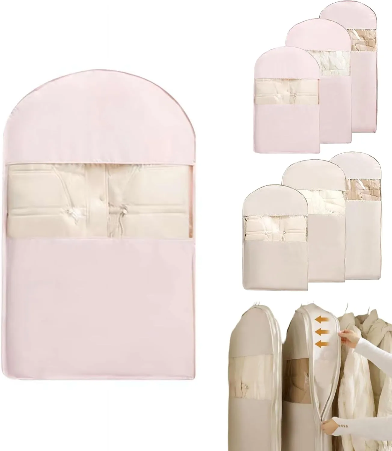 Space Saving Hanging Garment Bag with Self Compression Zipper, Heavy Duty Space Saver Closet Organizer Dust Cover for Down Coats Winter Jackets,Ultra Slim Storage Clothes Bags for Wardrobe (Pink S)