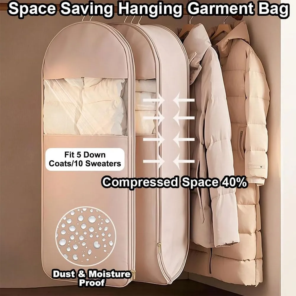 Space Saving Hanging Garment Bag with Self Compression Zipper, Otherwise Garment Bags for Travel Hanging Clothes, Closet Organizers, Dust Cover Clothes Storage Bags for Down Coat(Beige,Medium)