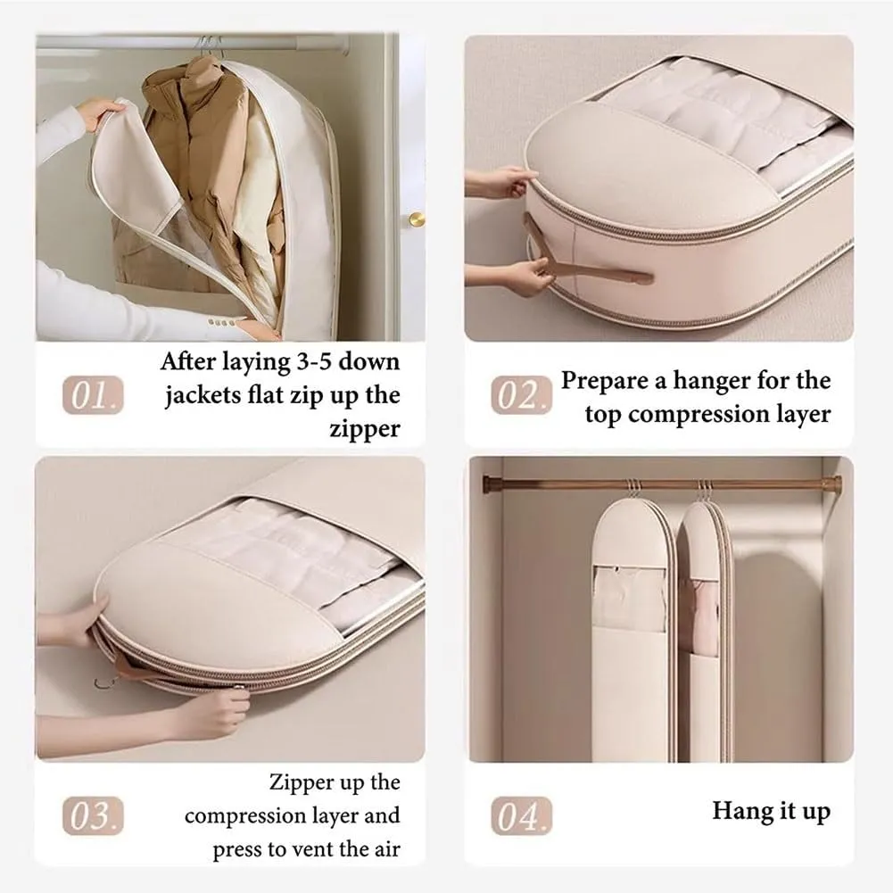 Space Saving Hanging Garment Bag with Self Compression Zipper, Otherwise Garment Bags for Travel Hanging Clothes, Closet Organizers, Dust Cover Clothes Storage Bags for Down Coat(Beige,Medium)