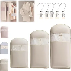 Space Saving Hanging Garment Bag with Self Compression Zipper, Otherwisie 2025 New Space Saving Hanging Protector, Dust Cover Clothes Bags for down Coat, Transparent Visibility (Beige, M L XL)