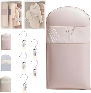 Space Saving Hanging Garment Bag with Self Compression Zipper, Otherwisie 2025 New Space Saving Hanging Protector, Dust Cover Clothes Bags for down Coat, Transparent Visibility (Pink, M)