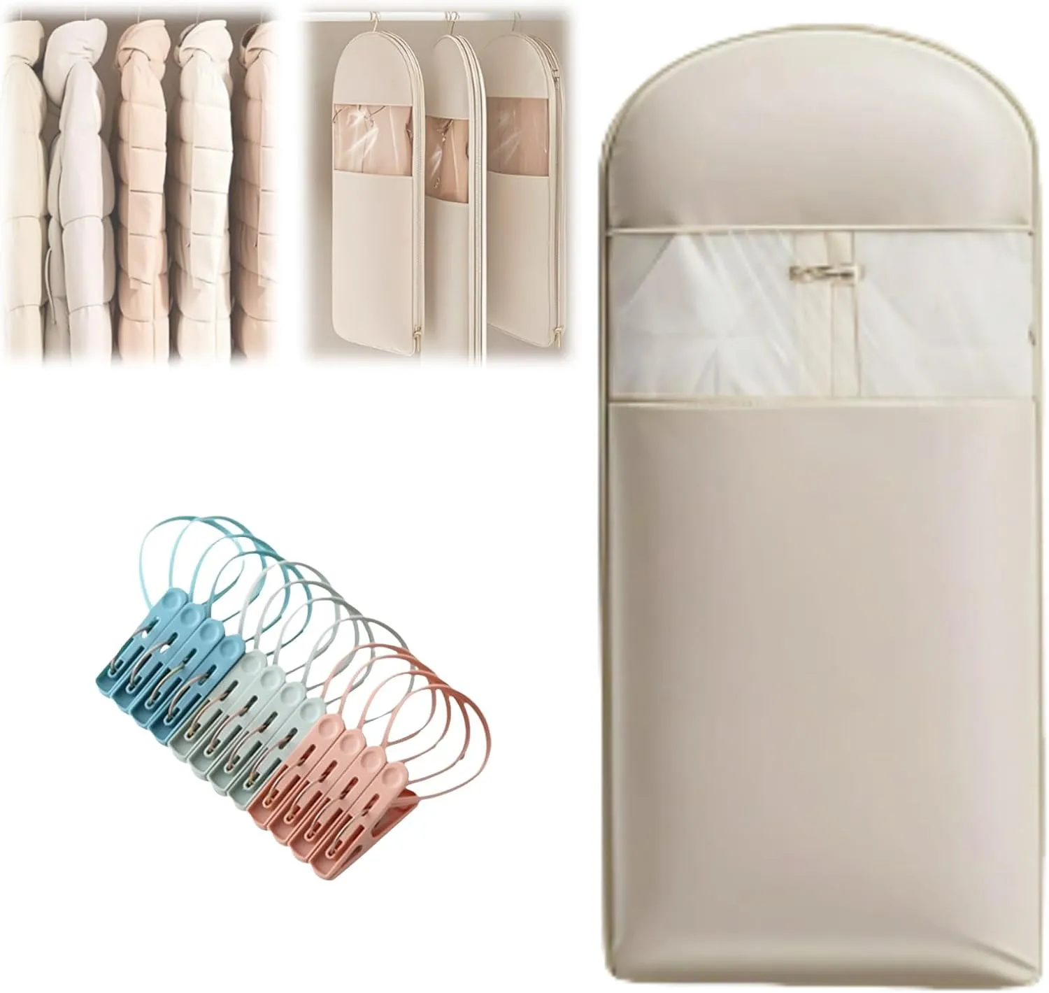 Space Saving Hanging Garment Bag with Self Compression Zipper, Otherwisie 2025 Space Saving Hanging Garment Bag, Dust Cover Clothes Bags for Down Coat, Transparent Visibility (Beige, XL)