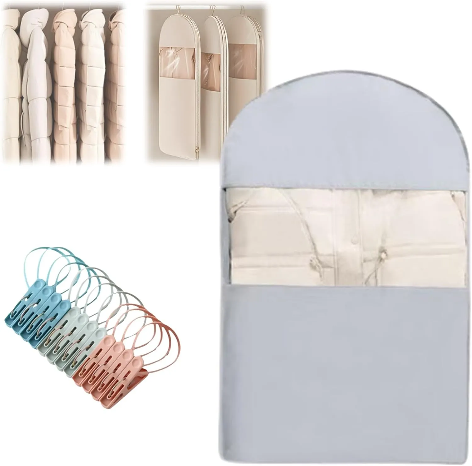 Space Saving Hanging Garment Bag with Self Compression Zipper, Otherwisie 2025 Space Saving Hanging Garment Bag, Dust Cover Clothes Bags for Down Coat, Transparent Visibility (Gray, M)