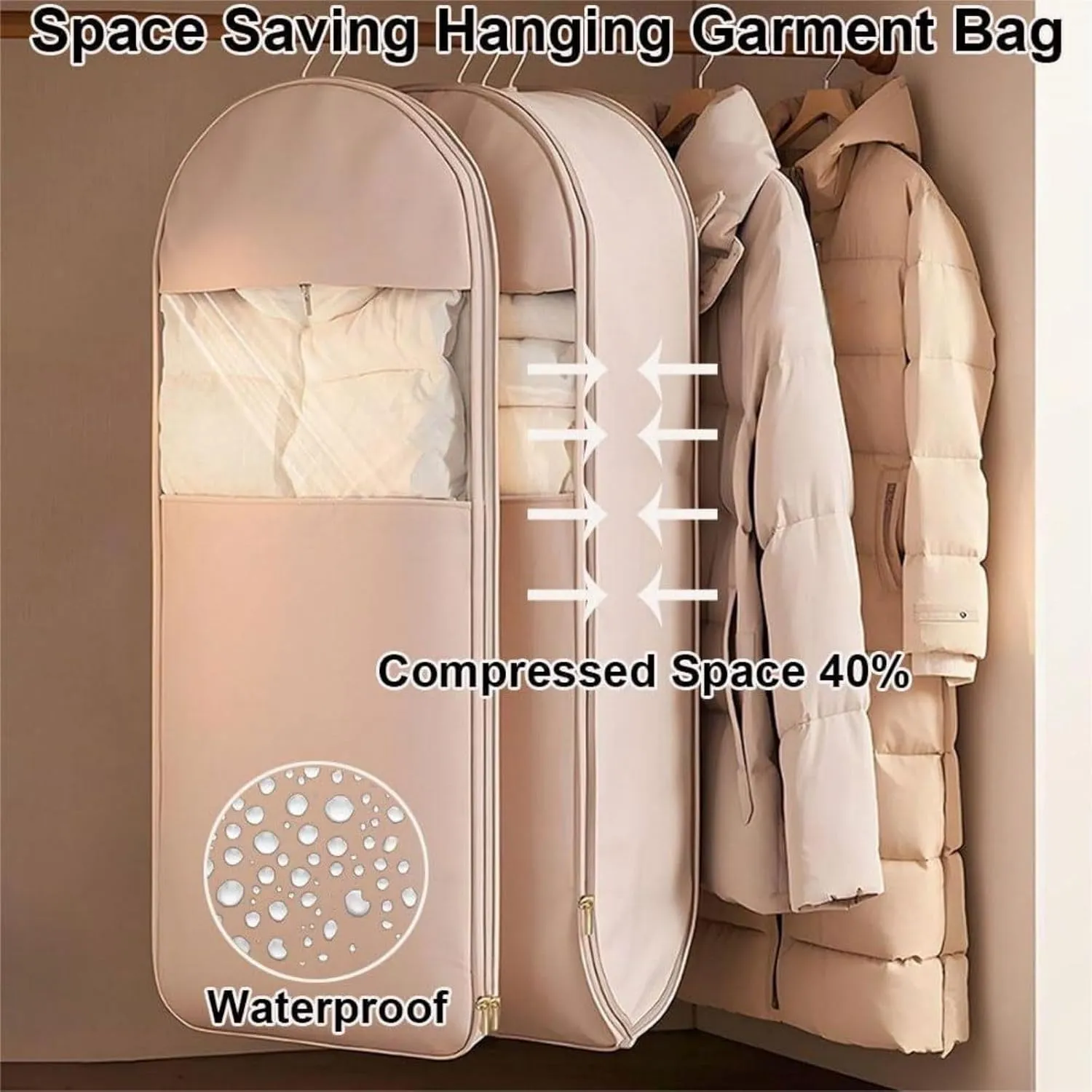 Space Saving Hanging Garment Bag with Self Compression Zipper, Otherwisie Space Saver Hanging Garment Bags, Dust Cover Clothes Bags Travel Organizer for down Coat Suit (beige, M)