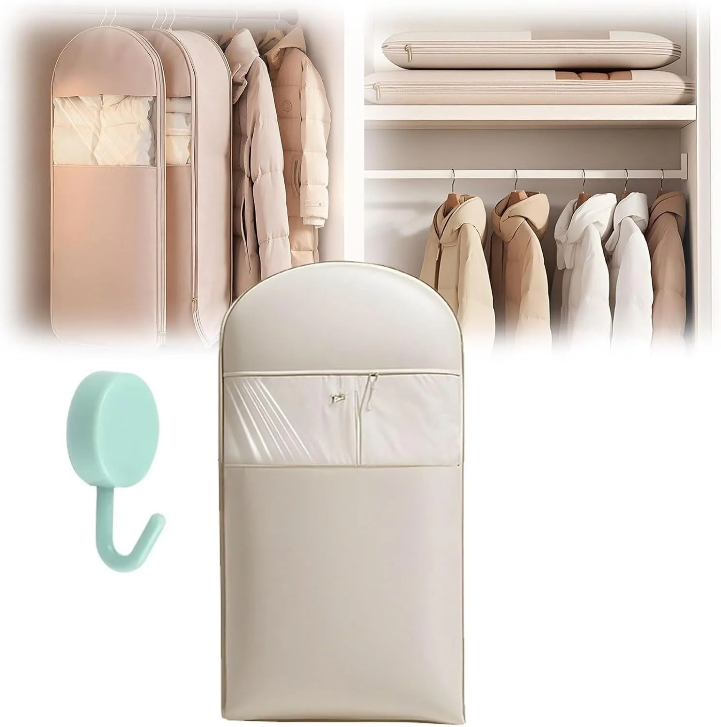 Space Saving Hanging Garment Bag with Self Compression Zipper, Otherwisie Space Saver Hanging Garment Bags, Dust Cover Clothes Bags Travel Organizer for down Coat Suit (beige, M)