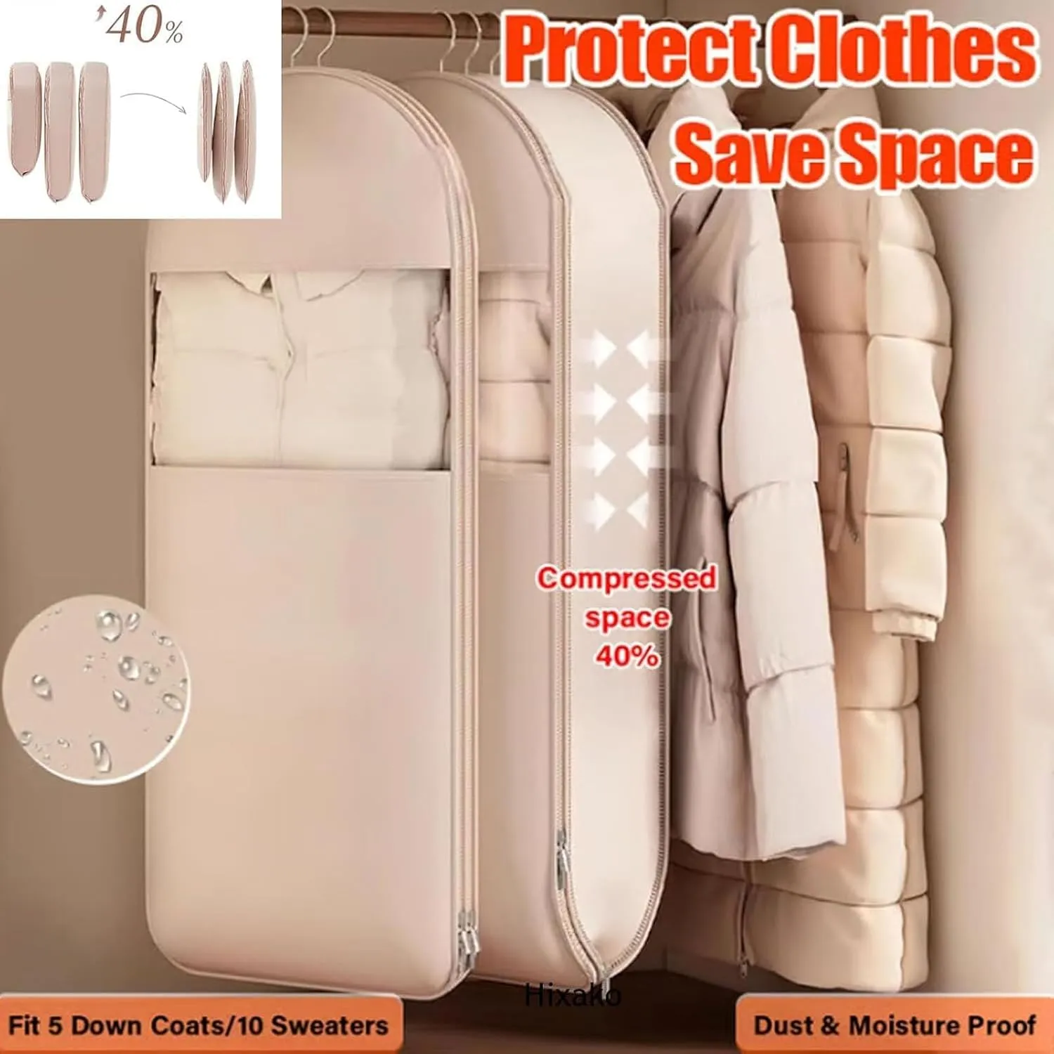 Space Saving Hanging Garment Bag with Self Compression Zipper, Space Saver Closet Organizers, 2025 New Space Saver Closet Organizers, Dust Cover Clothes Bags for Down Coat (Gray, XL)