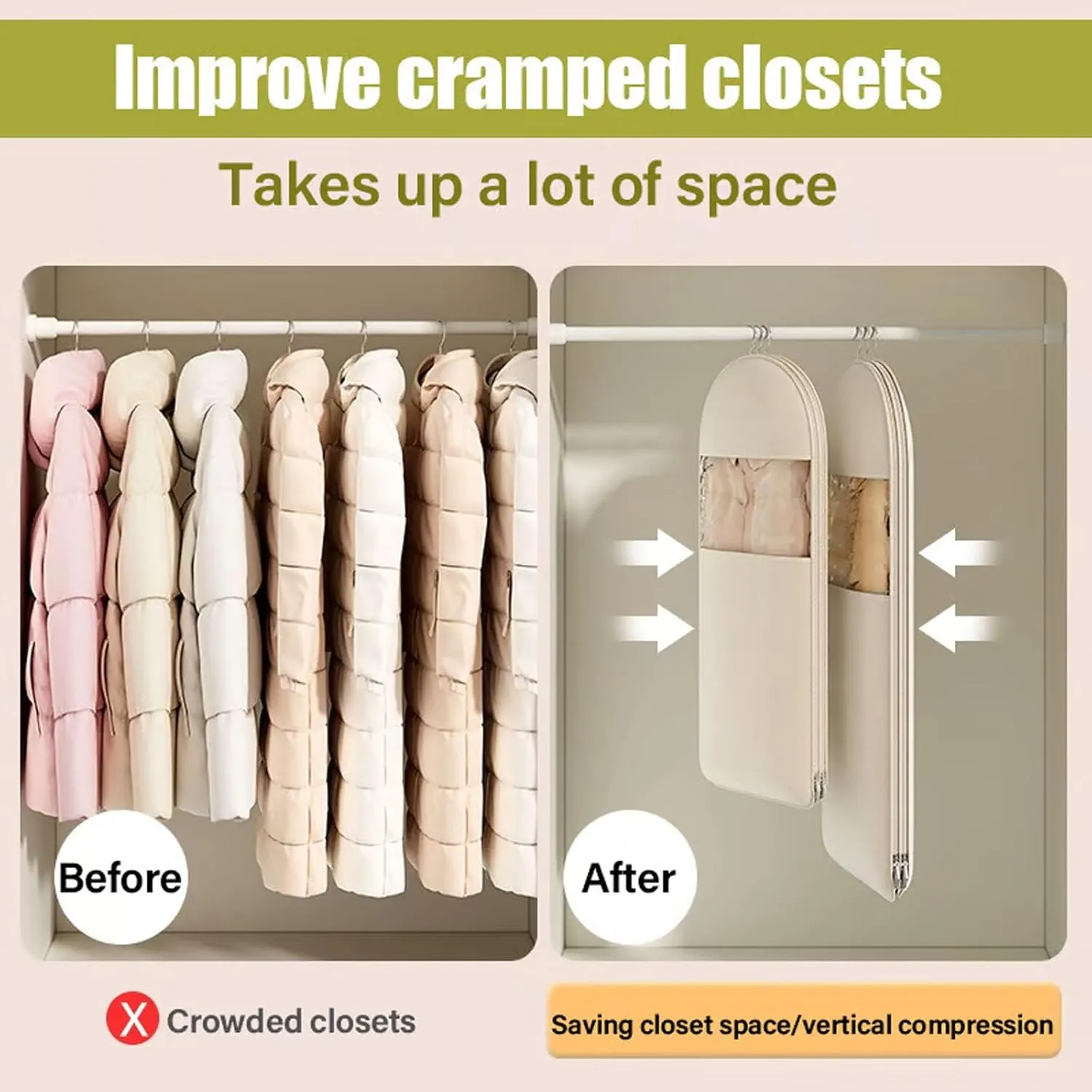 Space Saving Hanging Garment Bag with Self Compression Zipper, Space Saver Closet Organizers, 2025 New Space Saver Closet Organizers, Dust Cover Clothes Bags for Down Coat (Gray, XL)