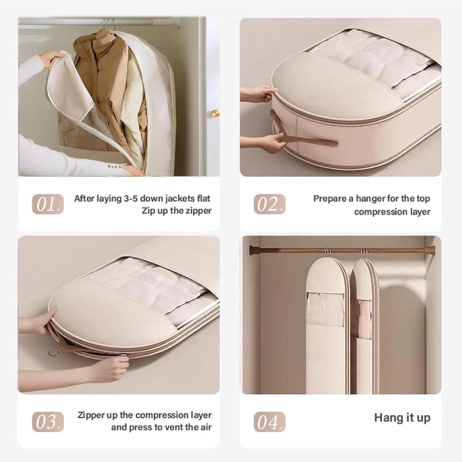 Space Saving Hanging Garment Bag with Self Compression Zipper, Space Saver Closet Organizers, Dust Cover Clothes Bags for Down Coat, for Closet Storage (Beige, Large)