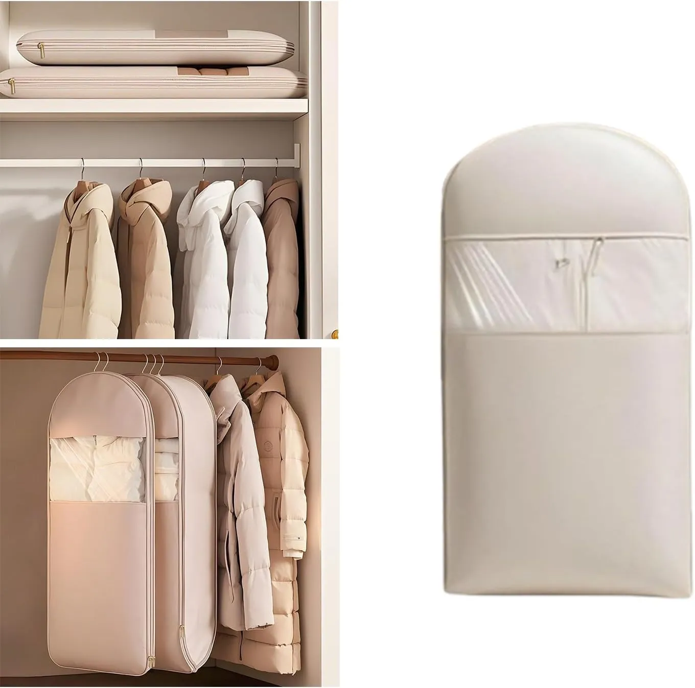 Space Saving Hanging Garment Bag with Self Compression Zipper, Space Saver Closet Organizers, Dust Cover Clothes Bags for Down Coat, for Closet Storage (Beige, Large)
