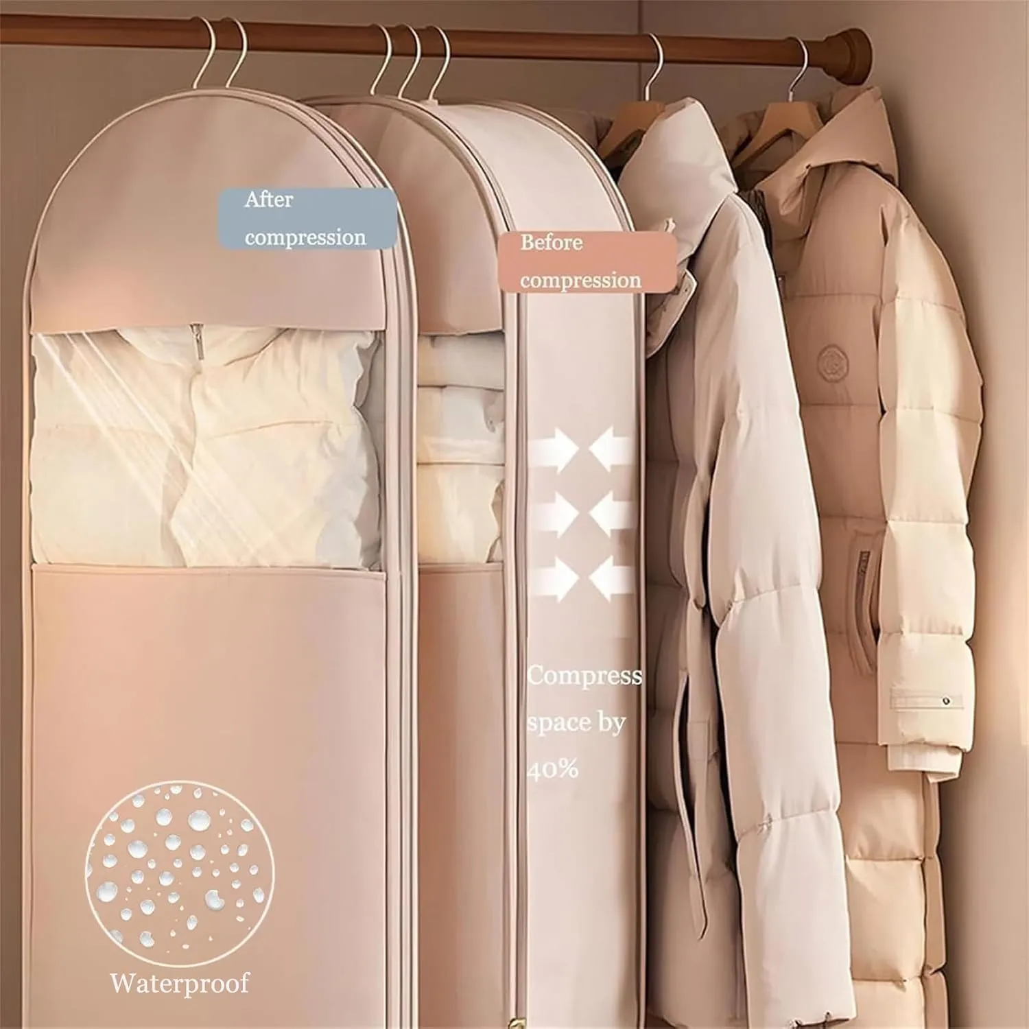 Space Saving Hanging Garment Bag with Self Compression Zipper, Space Saver Closet Organizers, Dust Cover Clothes Bags for Down Coat, for Closet Storage (Pink, Medium)